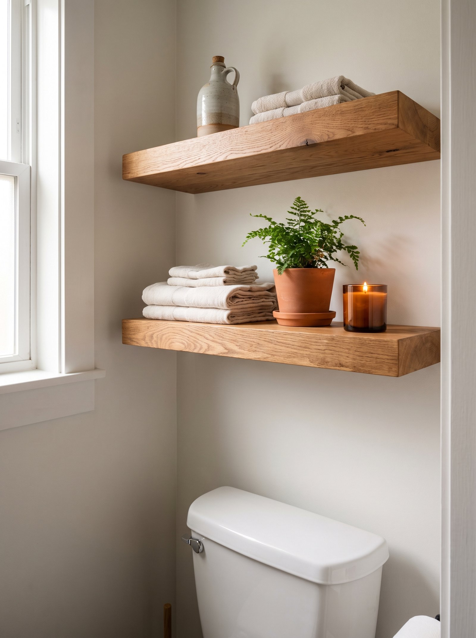 Floating shelves above the toilet
