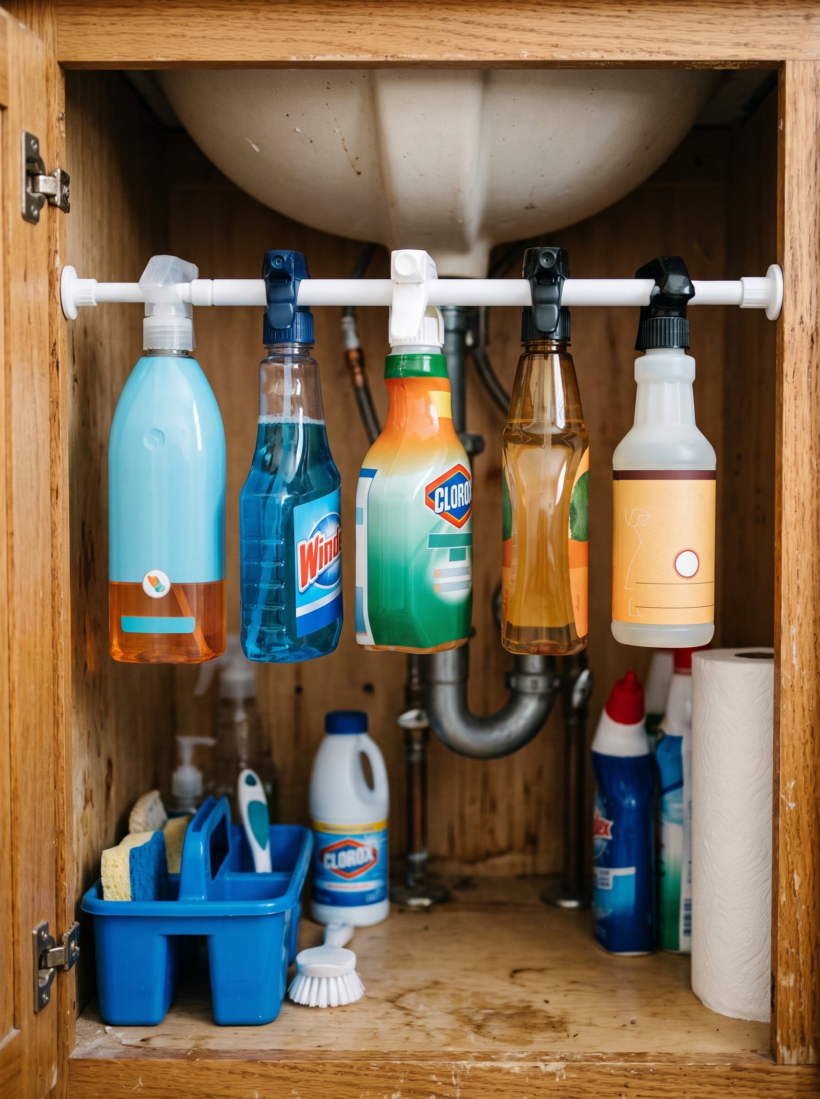 Tension rod inside the sink cabinet for spray bottles
