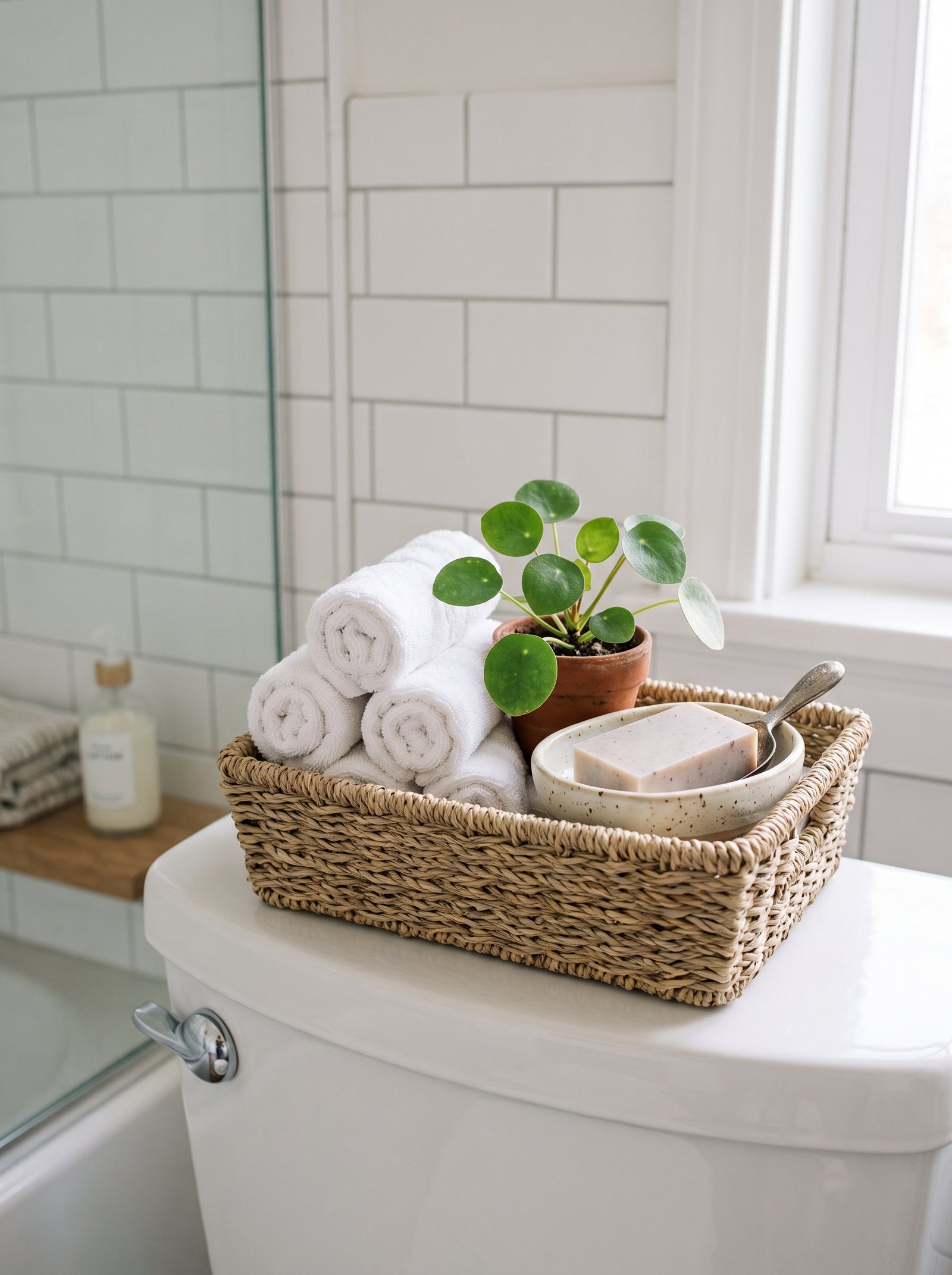 Small woven baskets on top of the toilet tank