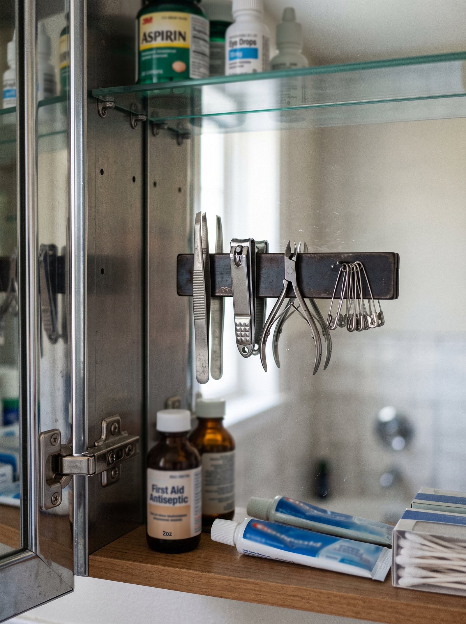 Wall-mounted magnetic strip for tweezers and clippers