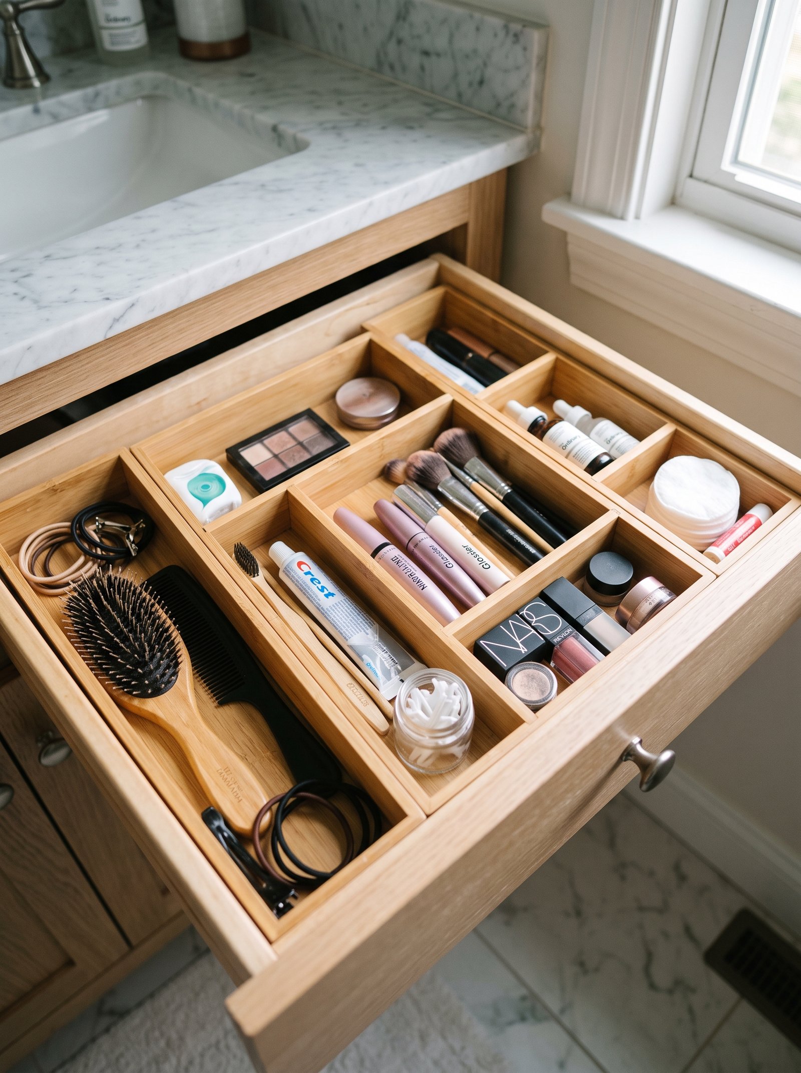 Small drawer organizers inside vanity drawers