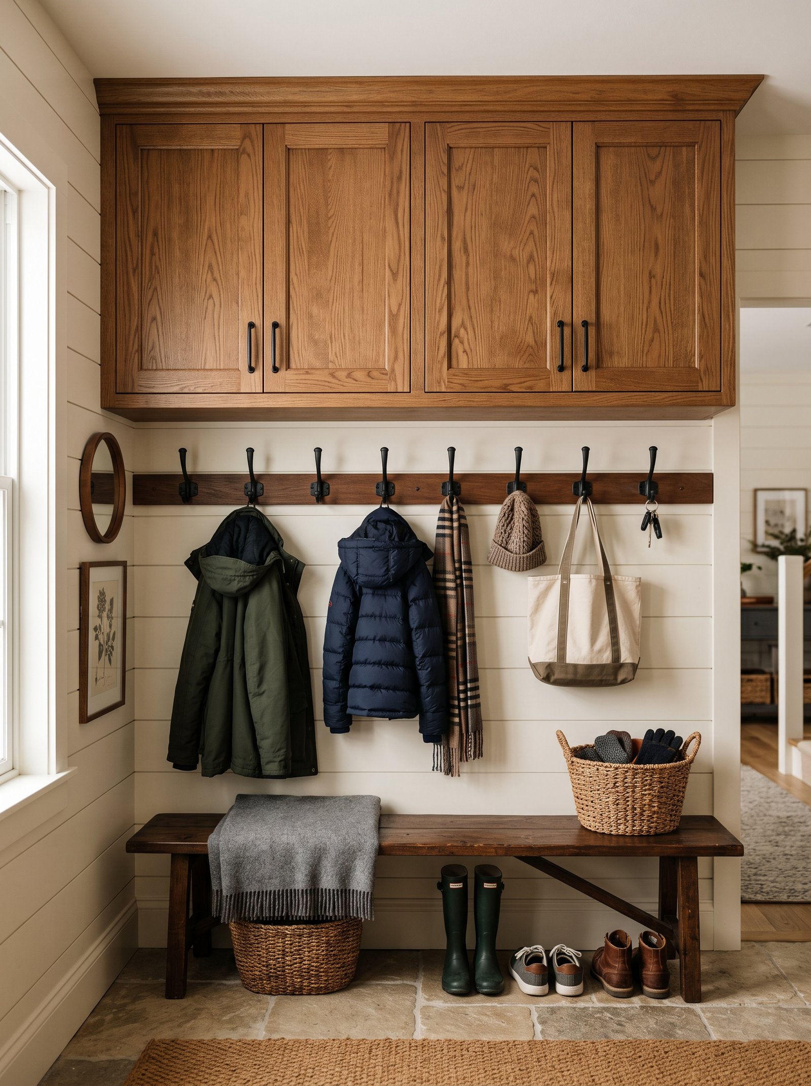 Add closed cabinet storage above hooks