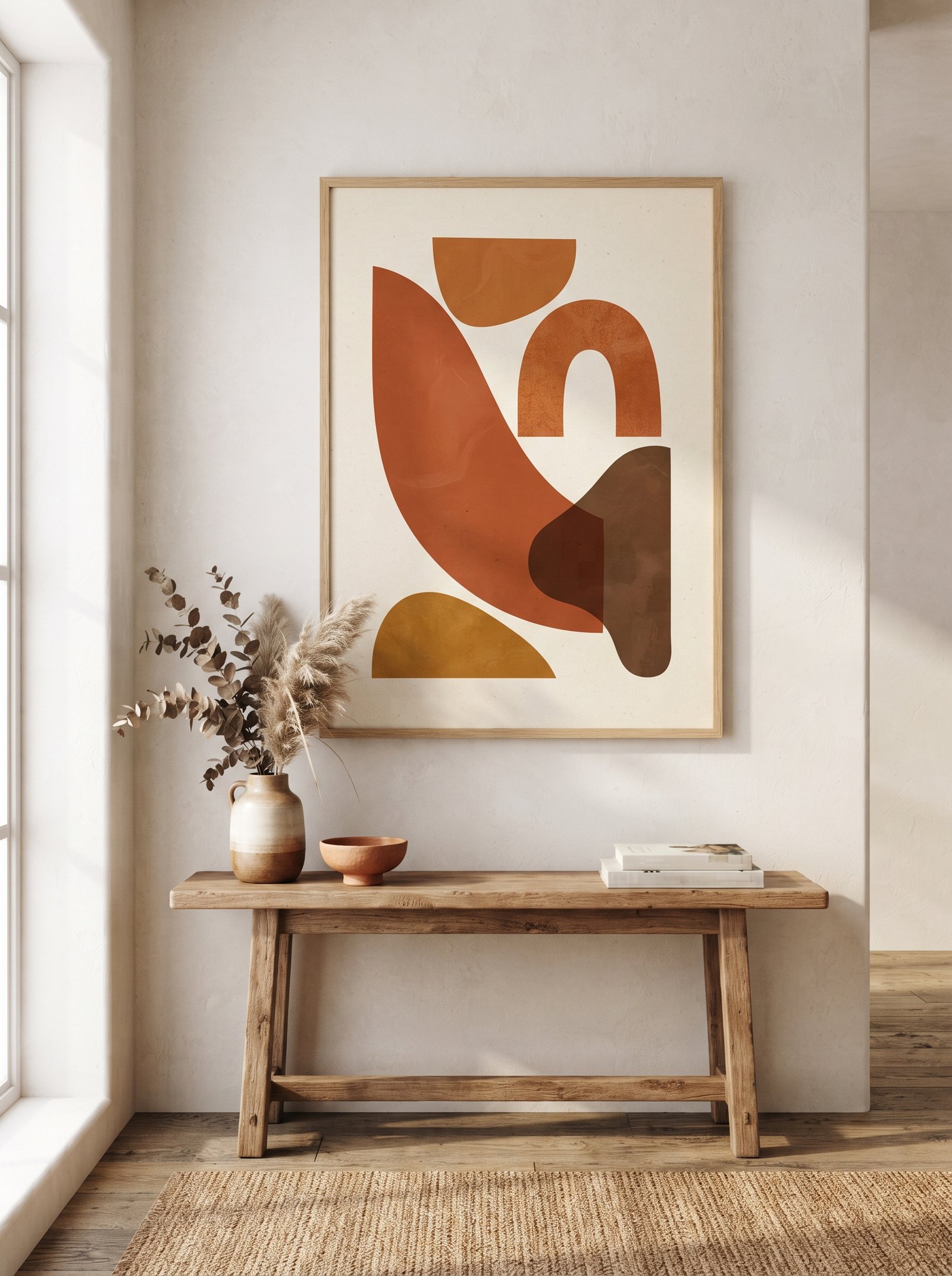 Tall cream vase filled with dried pampas grass beside a terracotta ceramic bowl