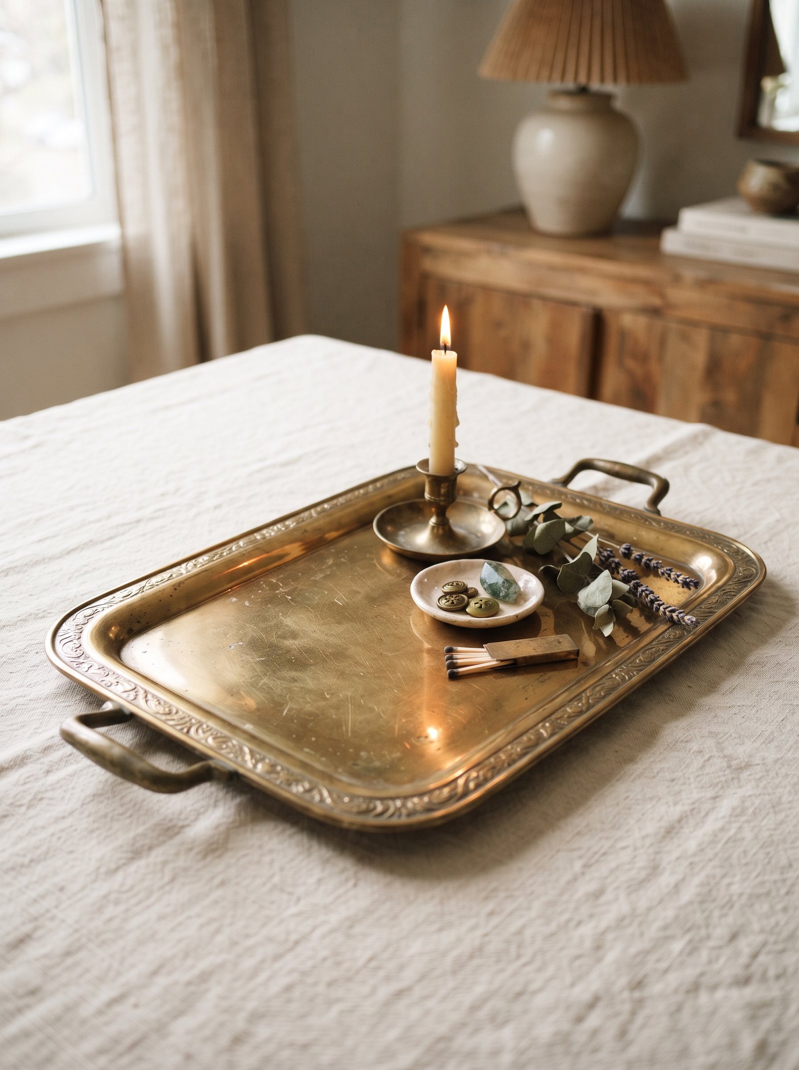 Heavy brass vintage floor lamp base rewired with modern cord and topped with oversized linen shade