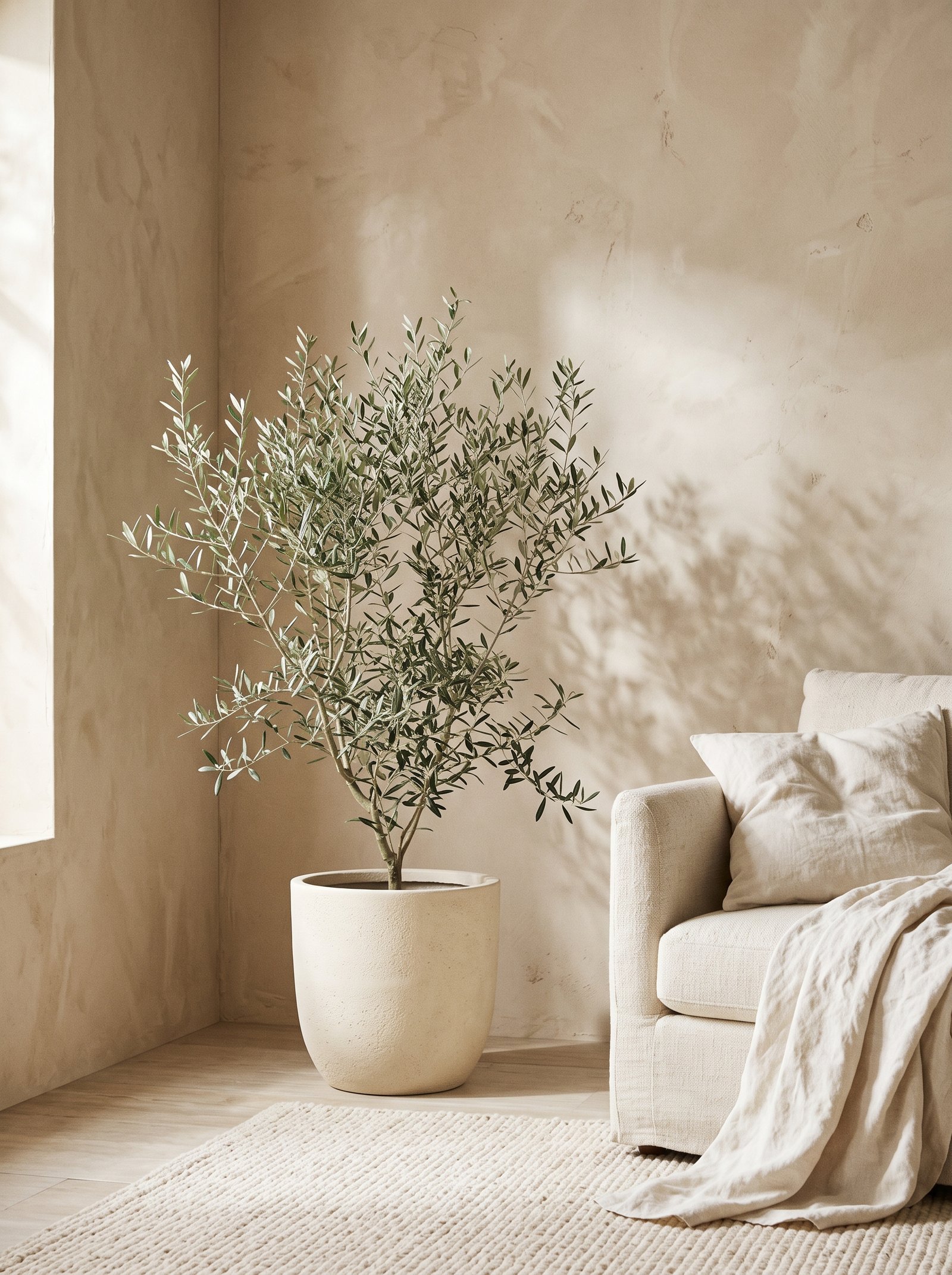 Charcoal grey sofa with warm beige walls and layered cream textiles for a modern neutral palette
