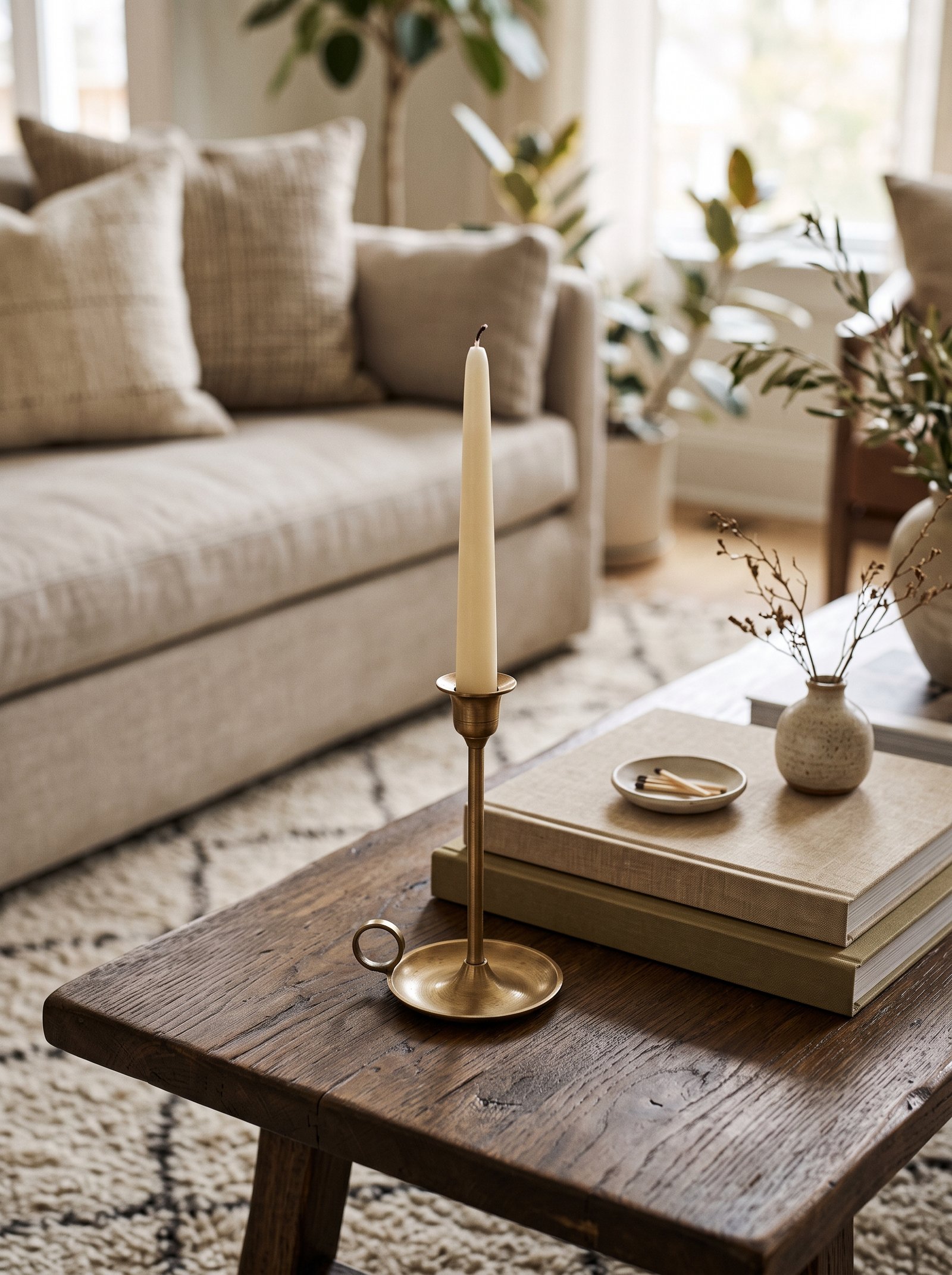 Shallow ceramic bowl on a coffee table holding smooth stones, matches, and a small key