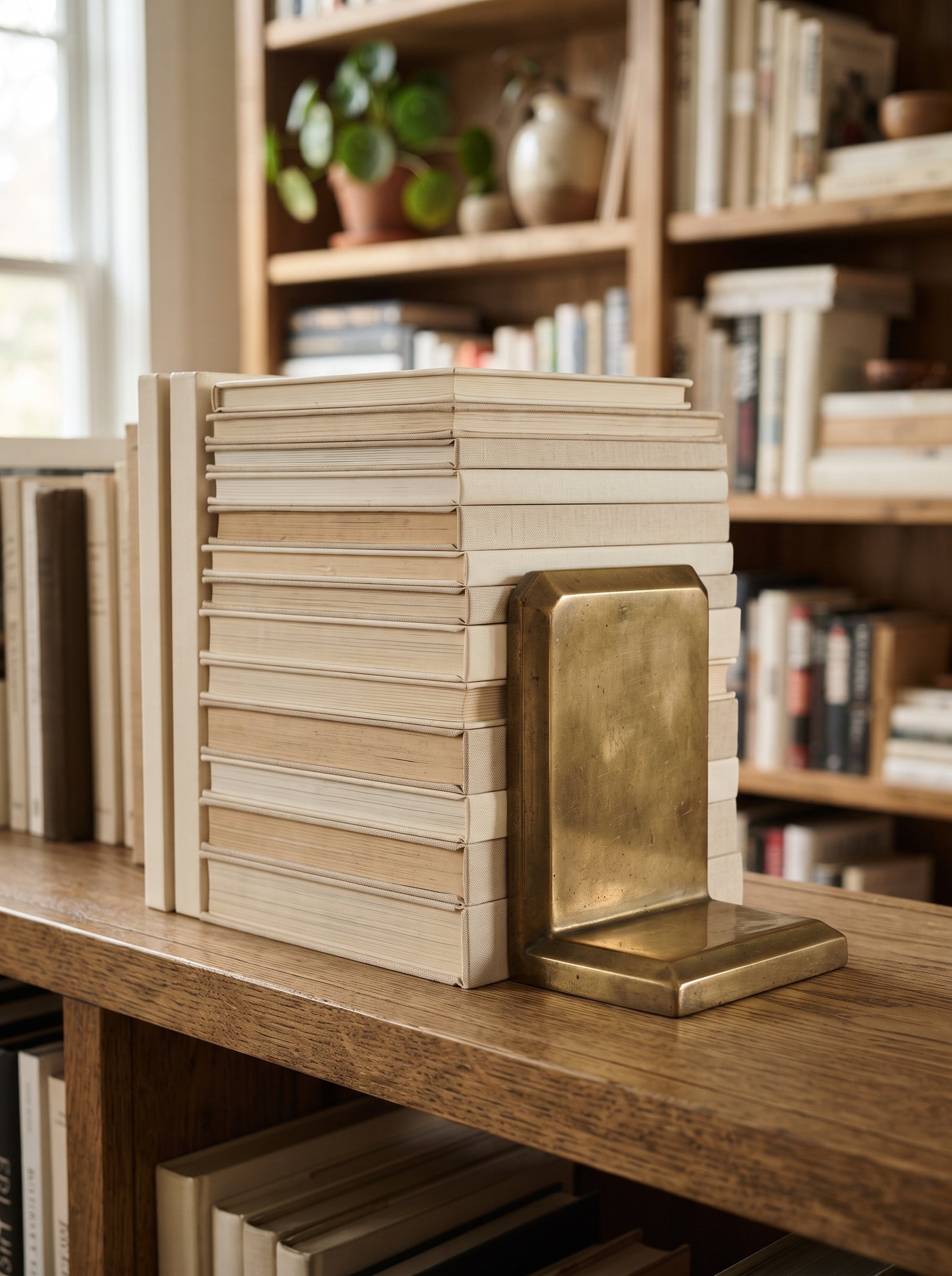 Small framed black and white photograph leaning against books in a styled shelf vignette