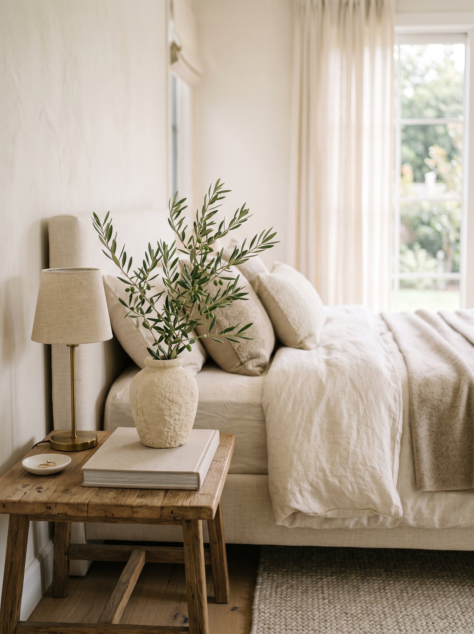 Add a bud vase with one olive branch bedside