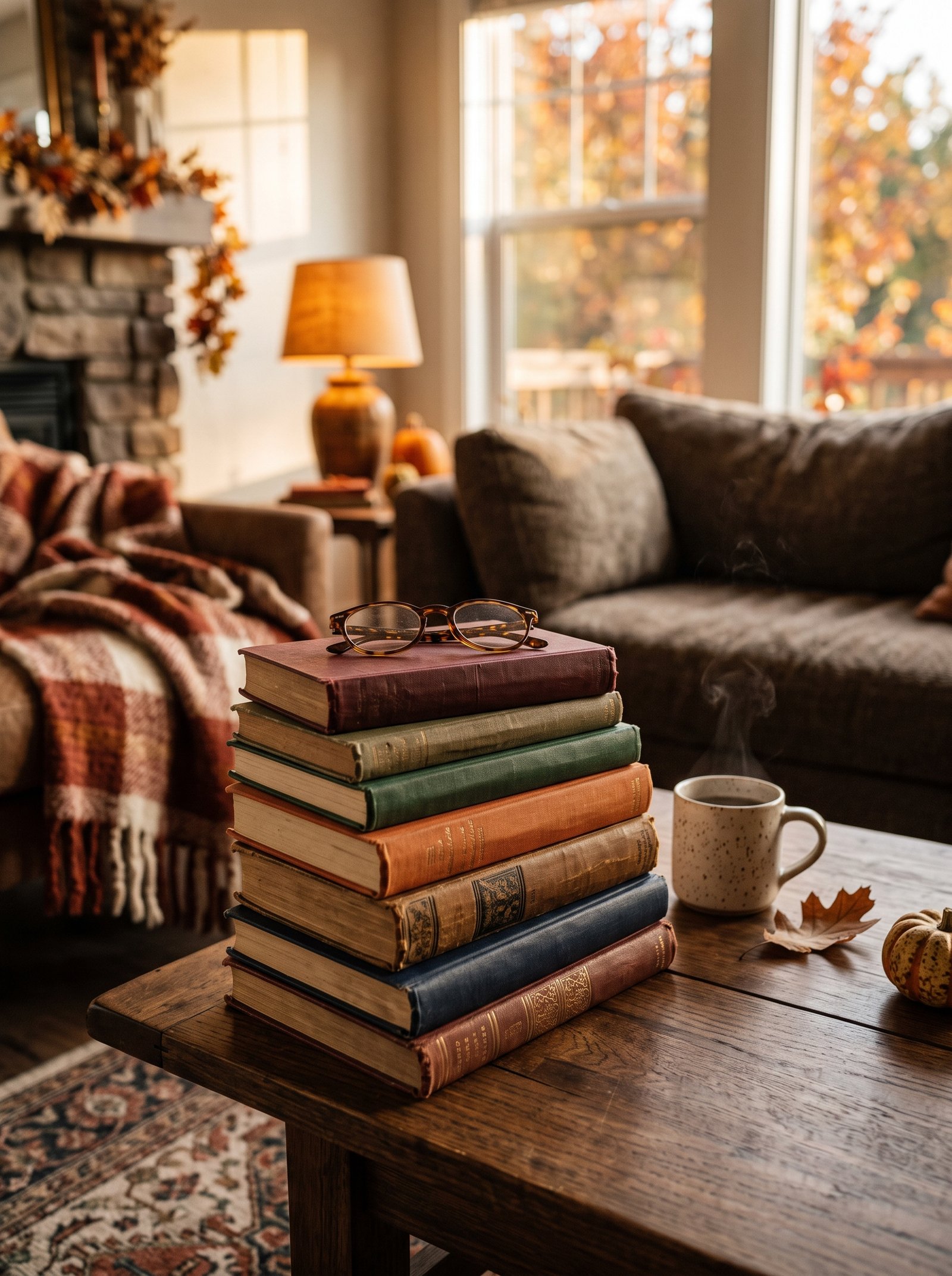 Stack hardcover books with warm spines