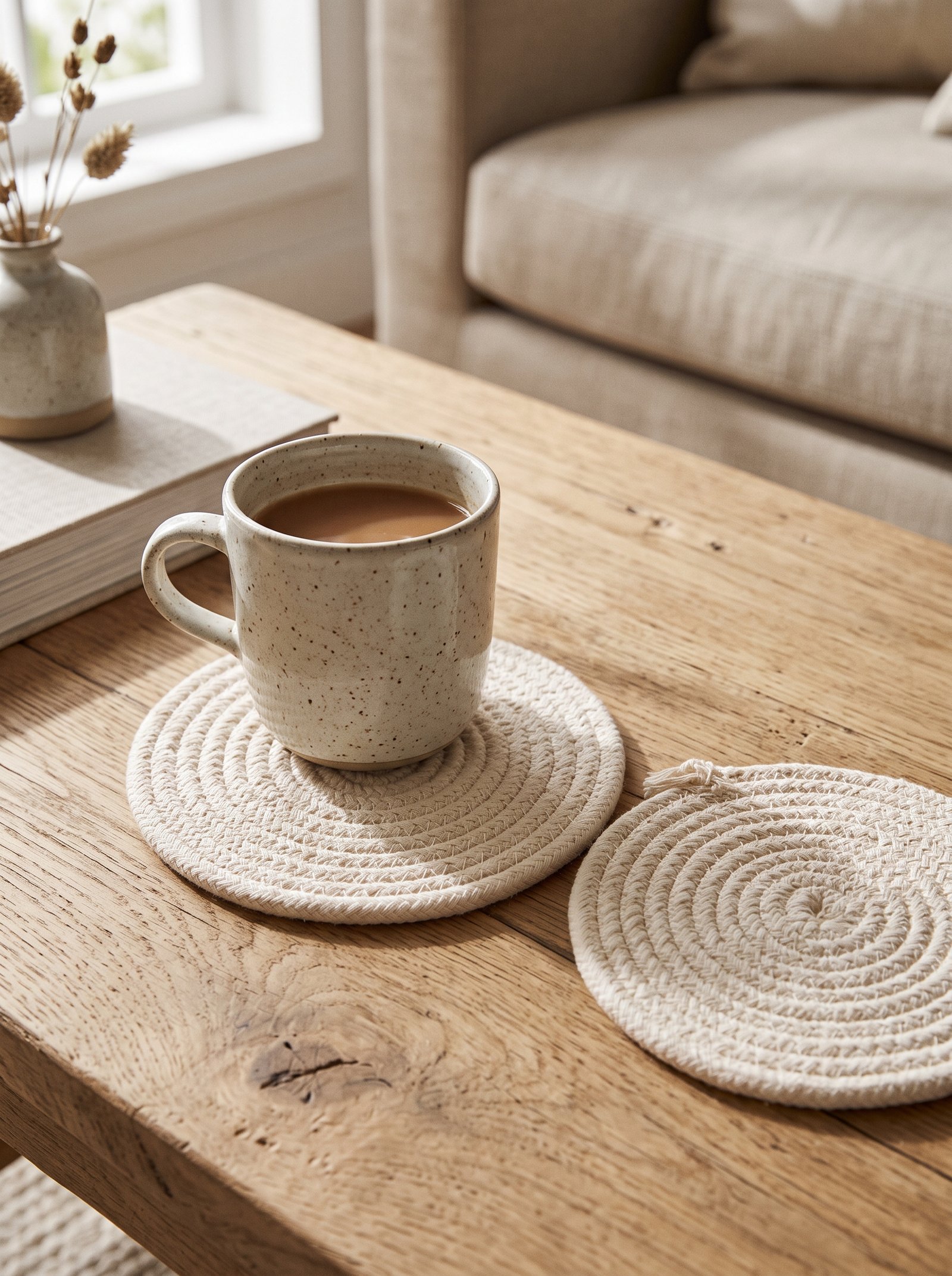 Coffee table styling with varied heights creating a stepped silhouette from side view