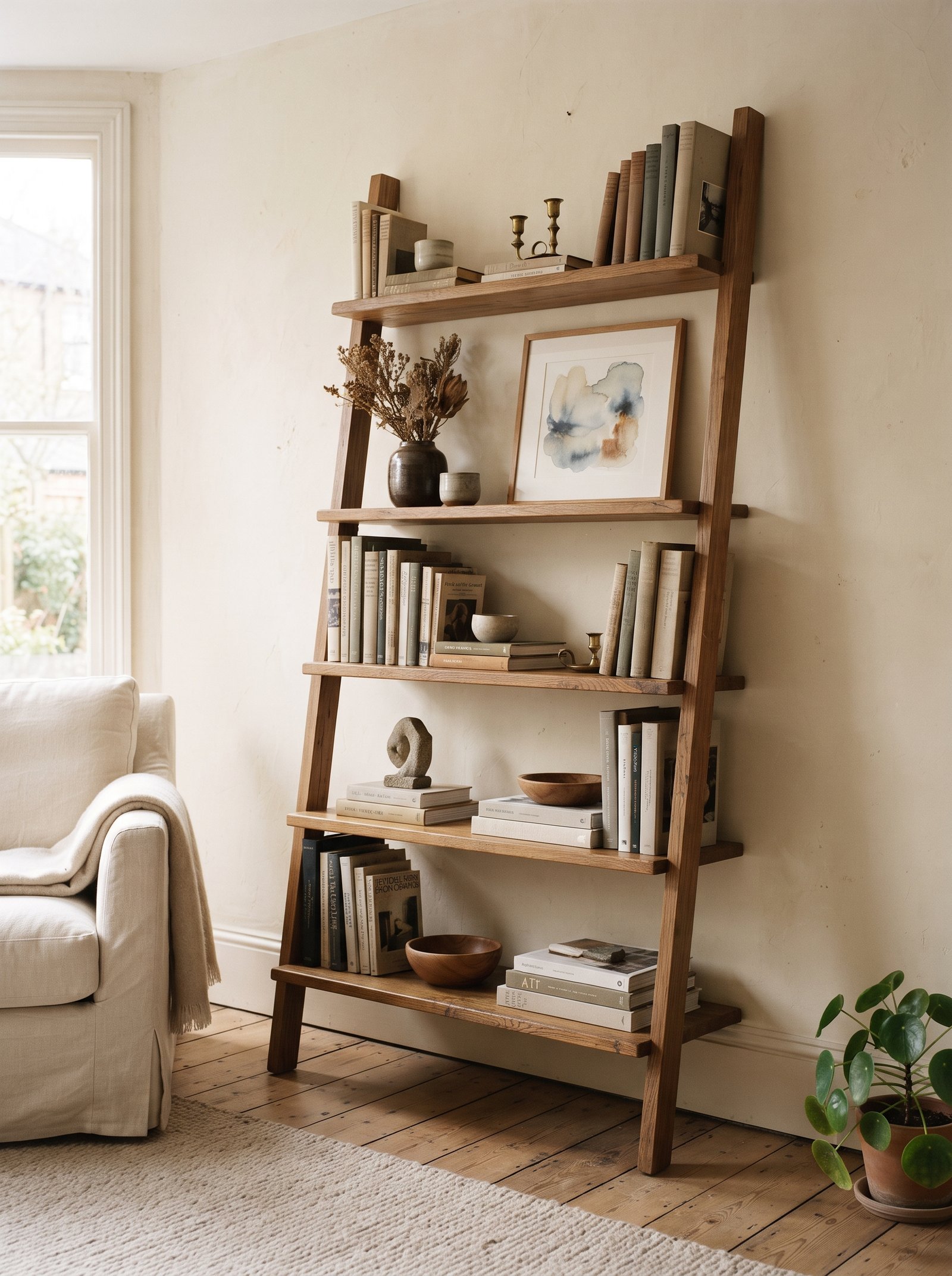 Bookshelf with mixed tall and short spines creating a gentle up and down rhythm