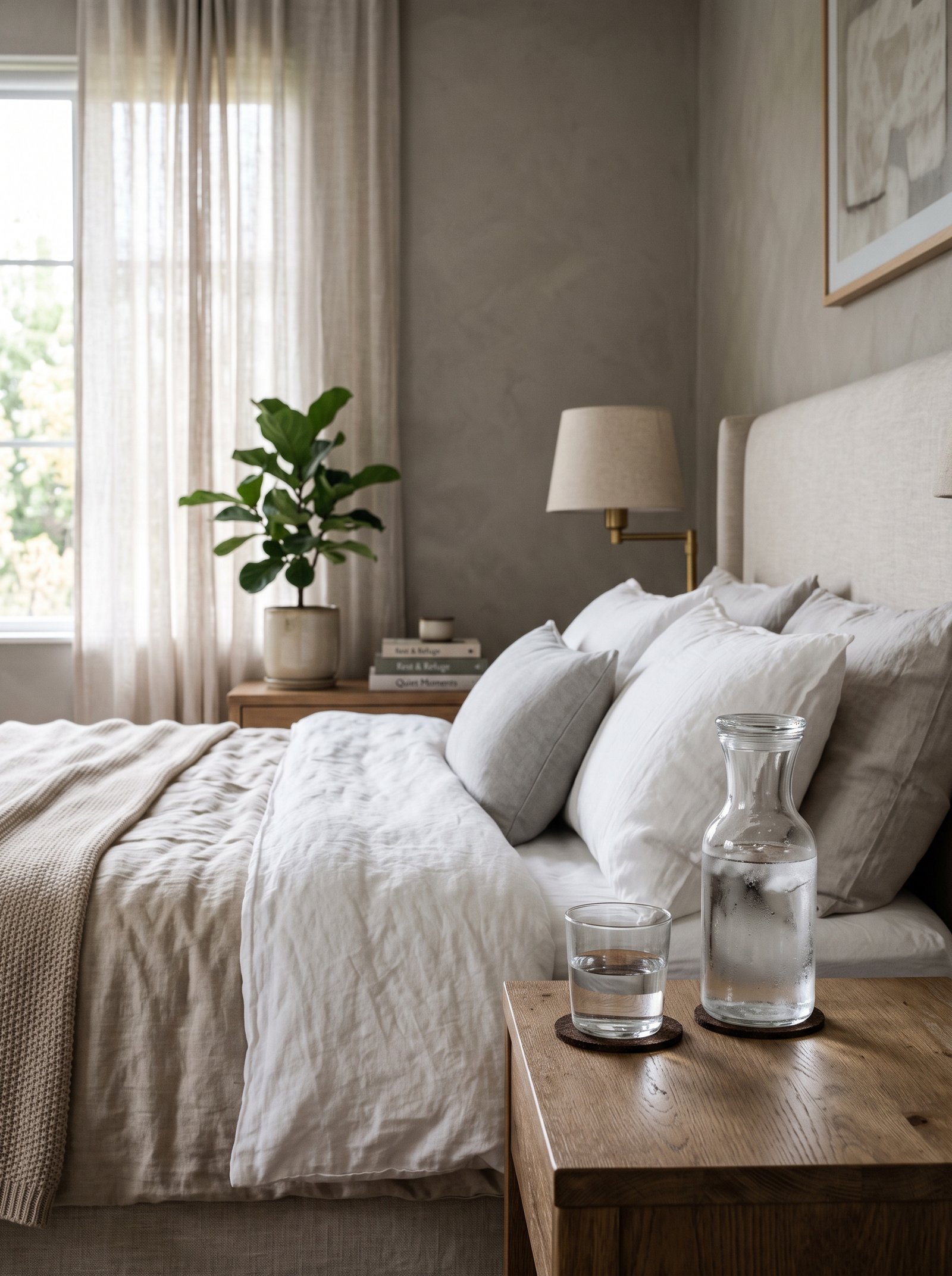 Add a water carafe and glass to the nightstand