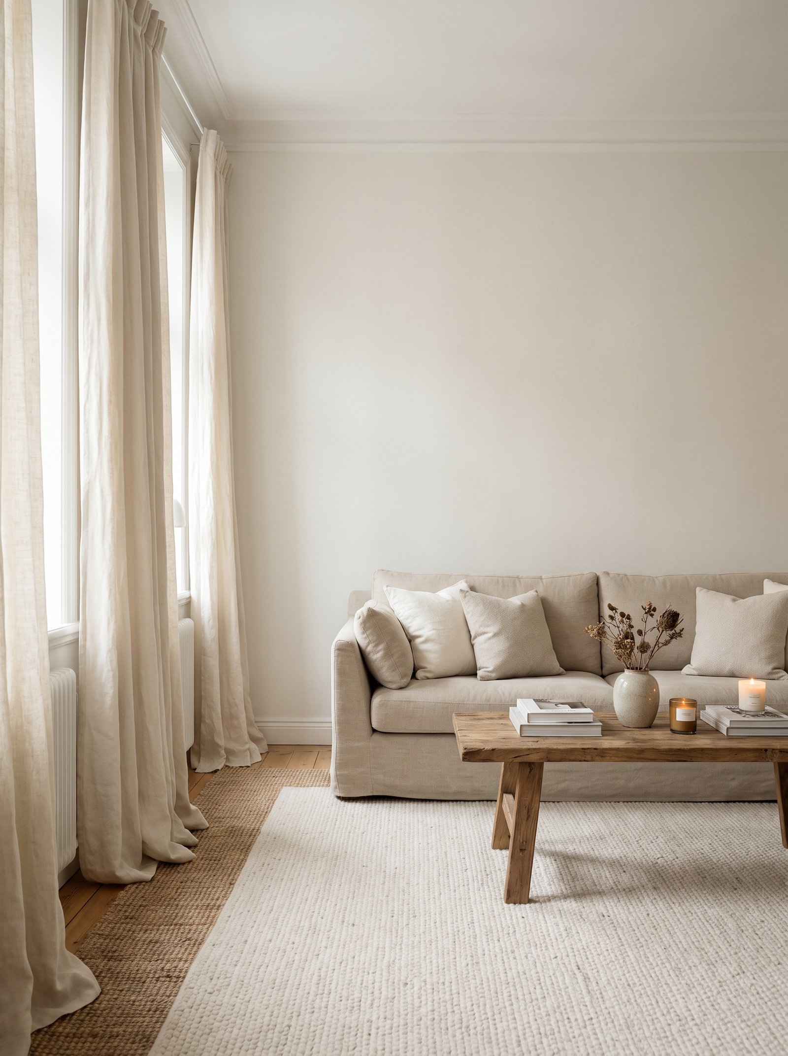 Hang ceiling-height linen curtains