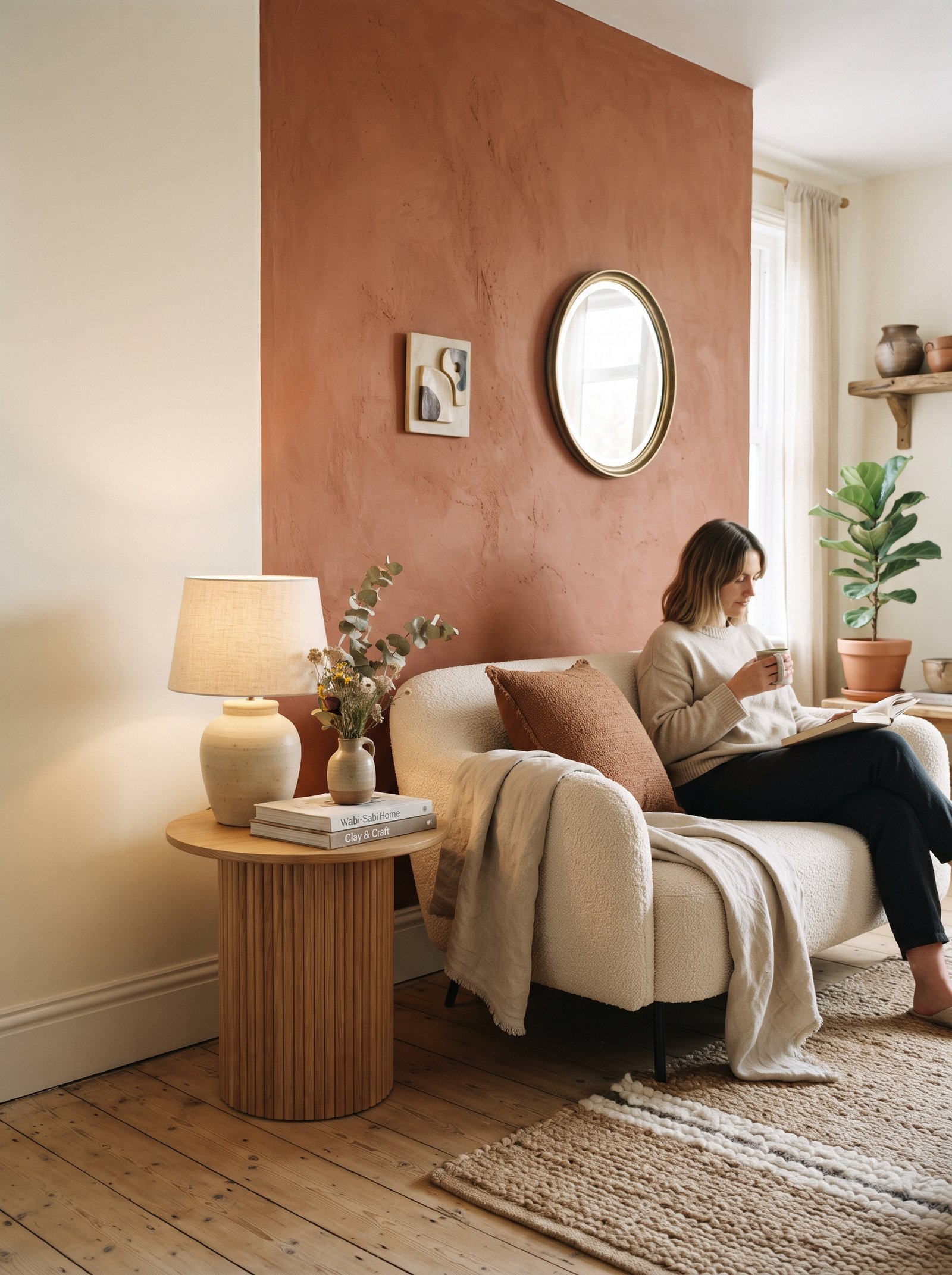 Framed abstract painting with terracotta and cream tones hung above a modern sideboard