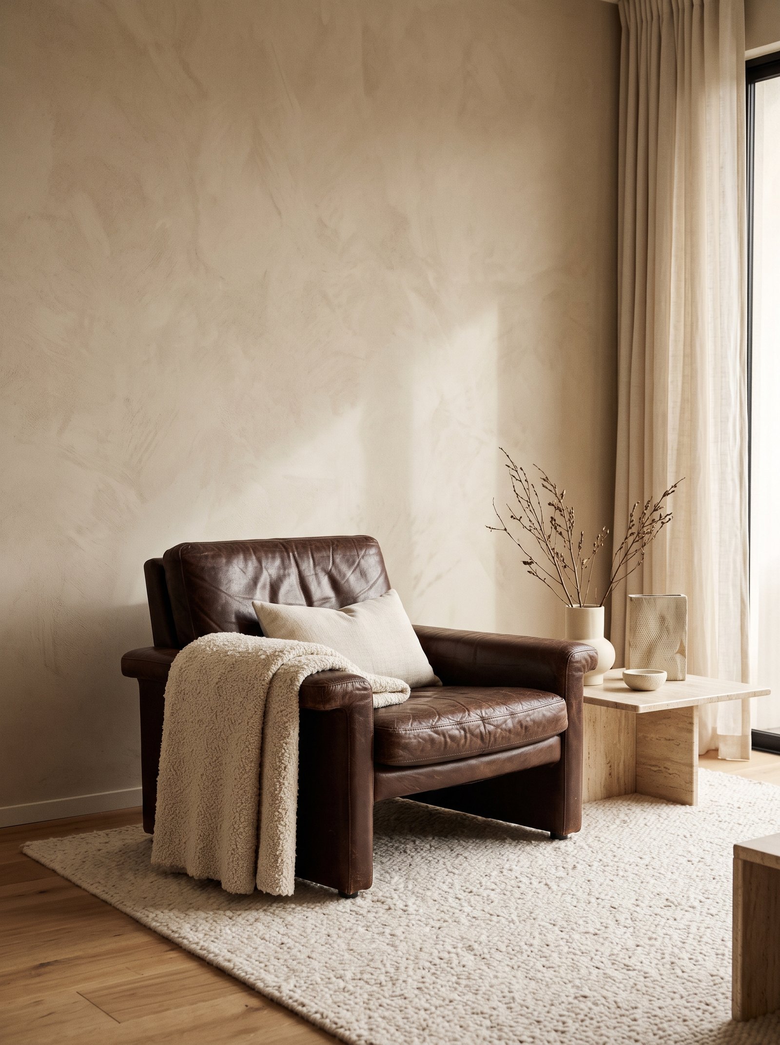 Chocolate brown leather armchair and dark wood coffee table against beige walls