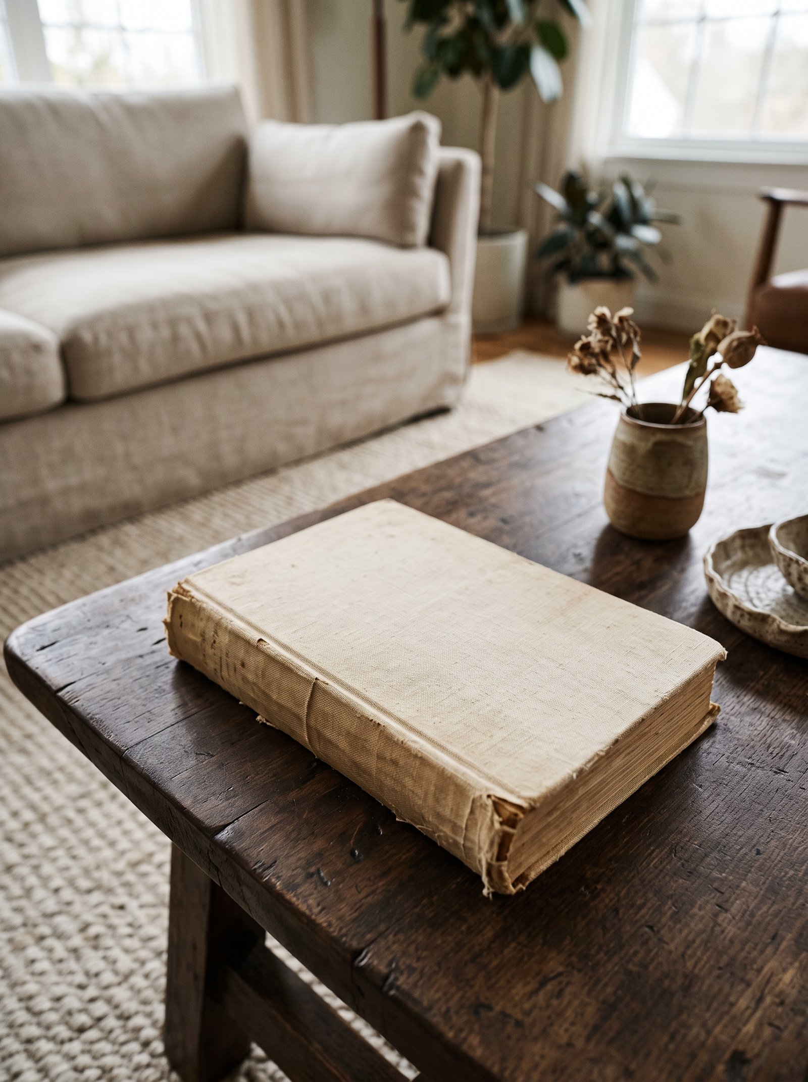 Coffee table styled with travel souvenirs including a vintage postcard, a small sculpture, and a worn hardcover