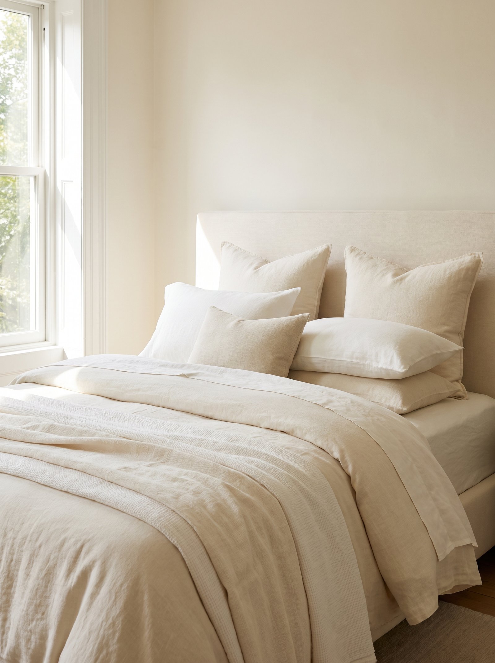 Pillowcases on sleeping pillows matching the fitted sheet in color and fabric creating cohesion