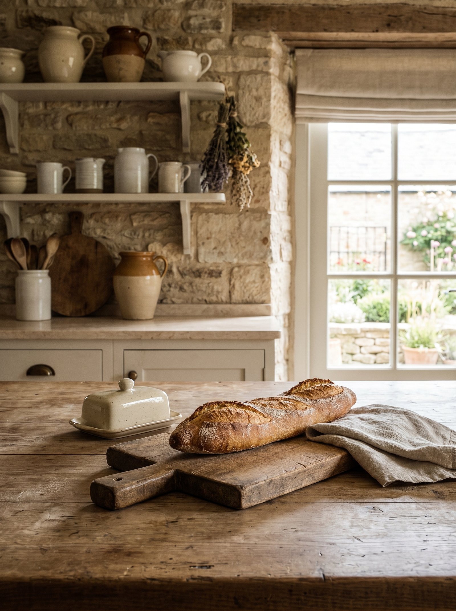 Style the counter with fresh bread and a cutting board