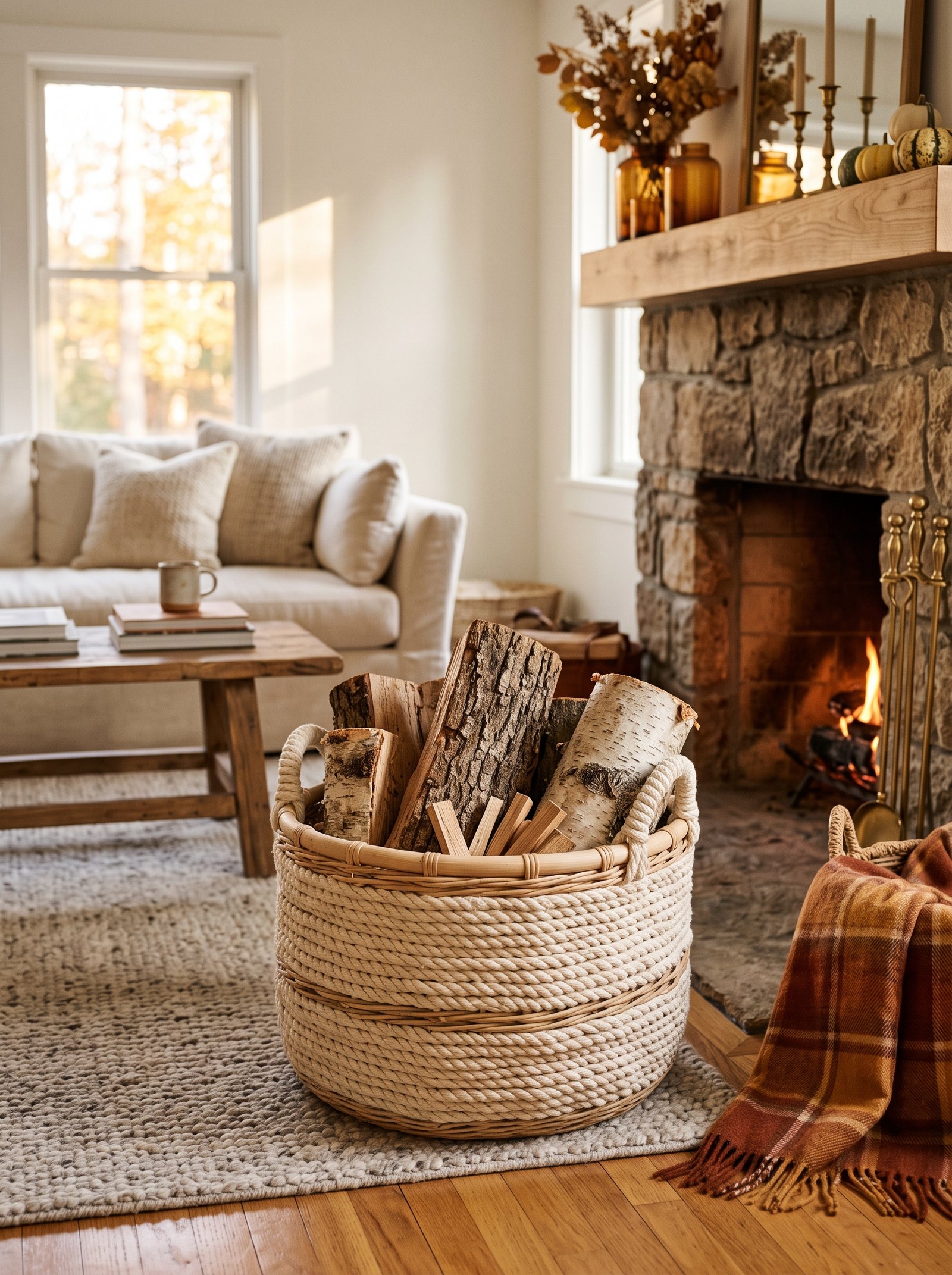 Add a woven basket for firewood or blankets