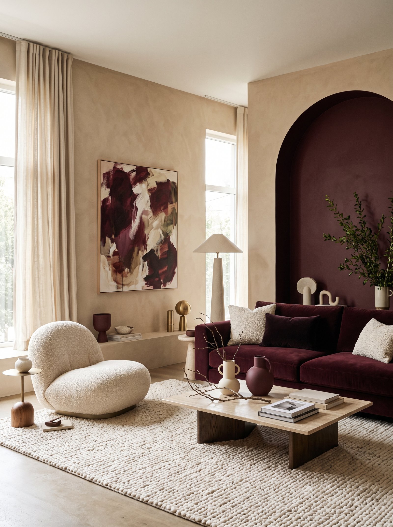 Mustard yellow velvet pillows and throw on a cream sofa against beige walls with warm wood accents