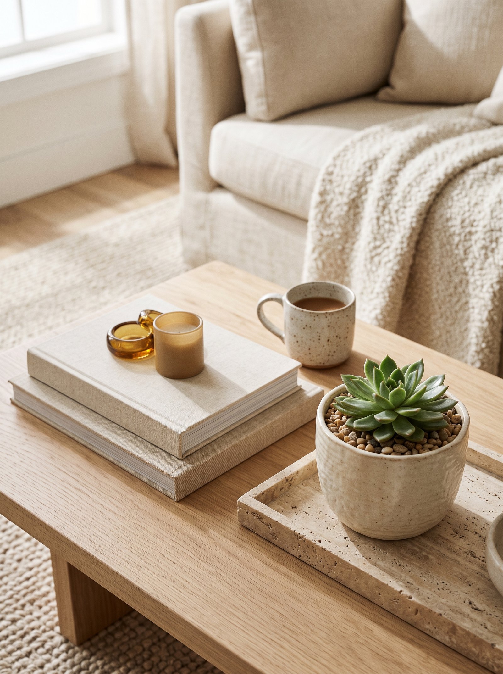 Round ceramic objects grouped on a square coffee table creating gentle shape contrast