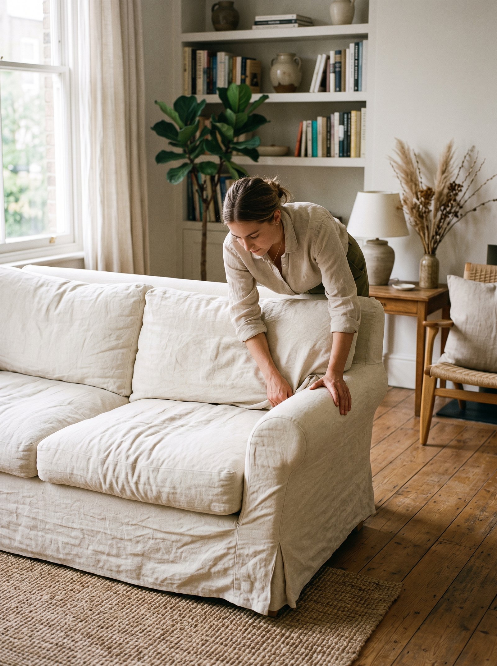 Slipcover the sofa in cream linen