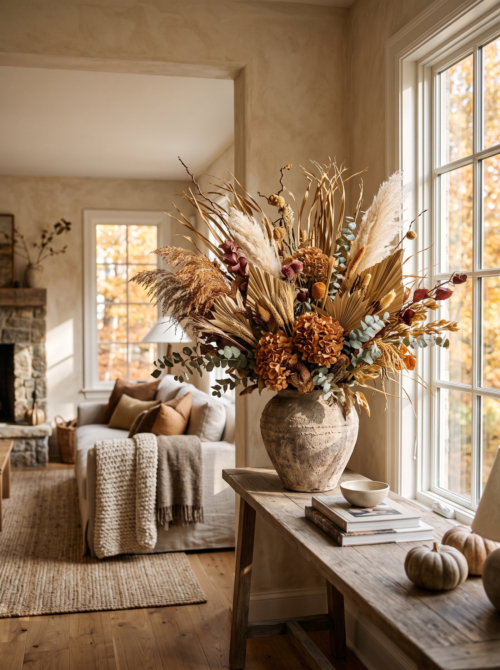 Create a large dried floral arrangement