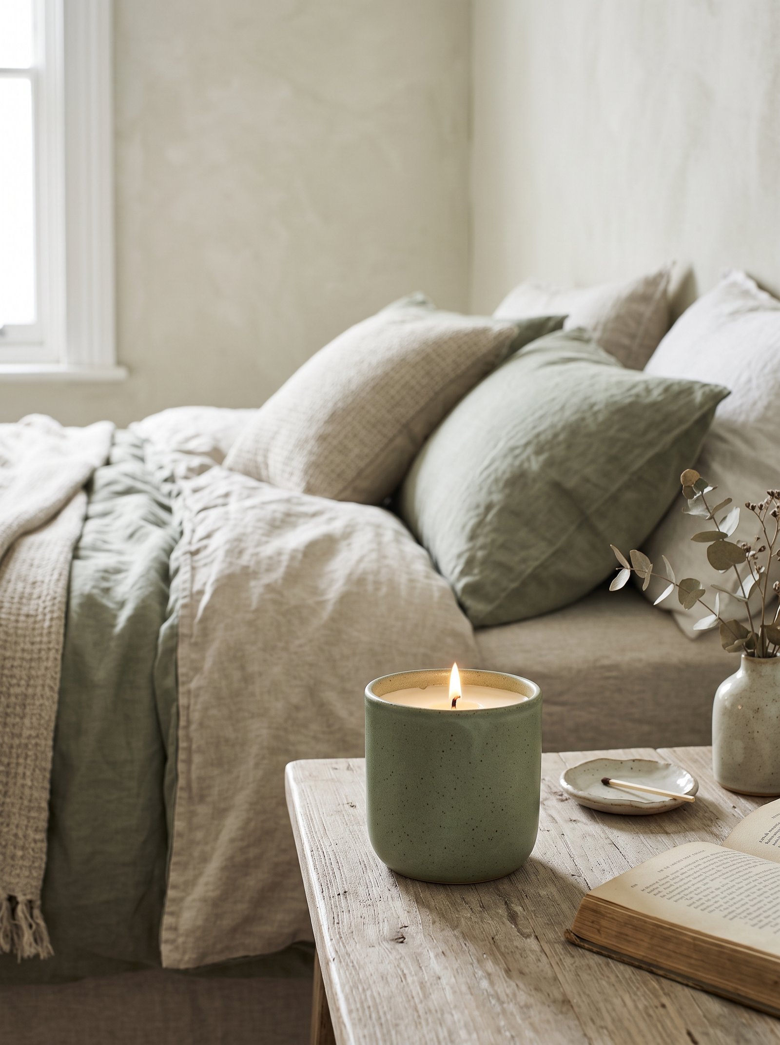 Light a green ceramic candle
