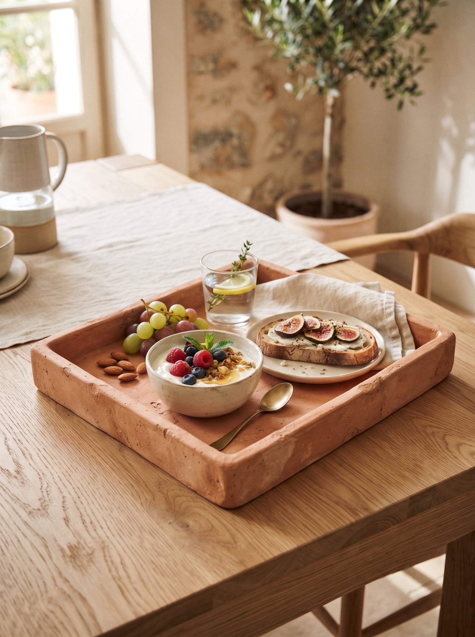 Three pillar candles in muted terracotta tones grouped on a brass tray on a styled mantel
