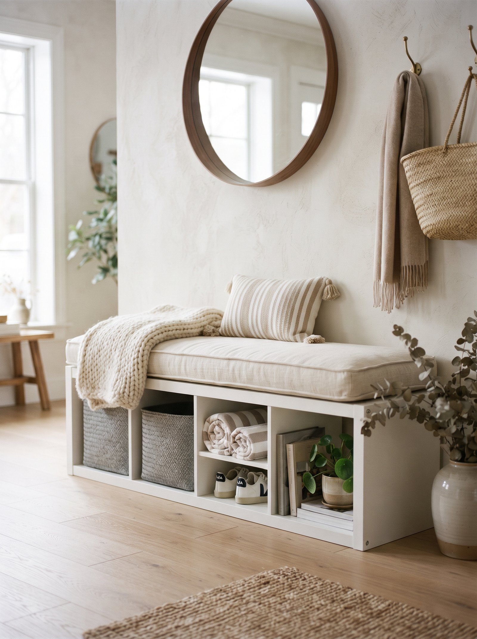 L-shaped kitchen banquette built from PLATSA frames with a custom boucle cushion and pillows