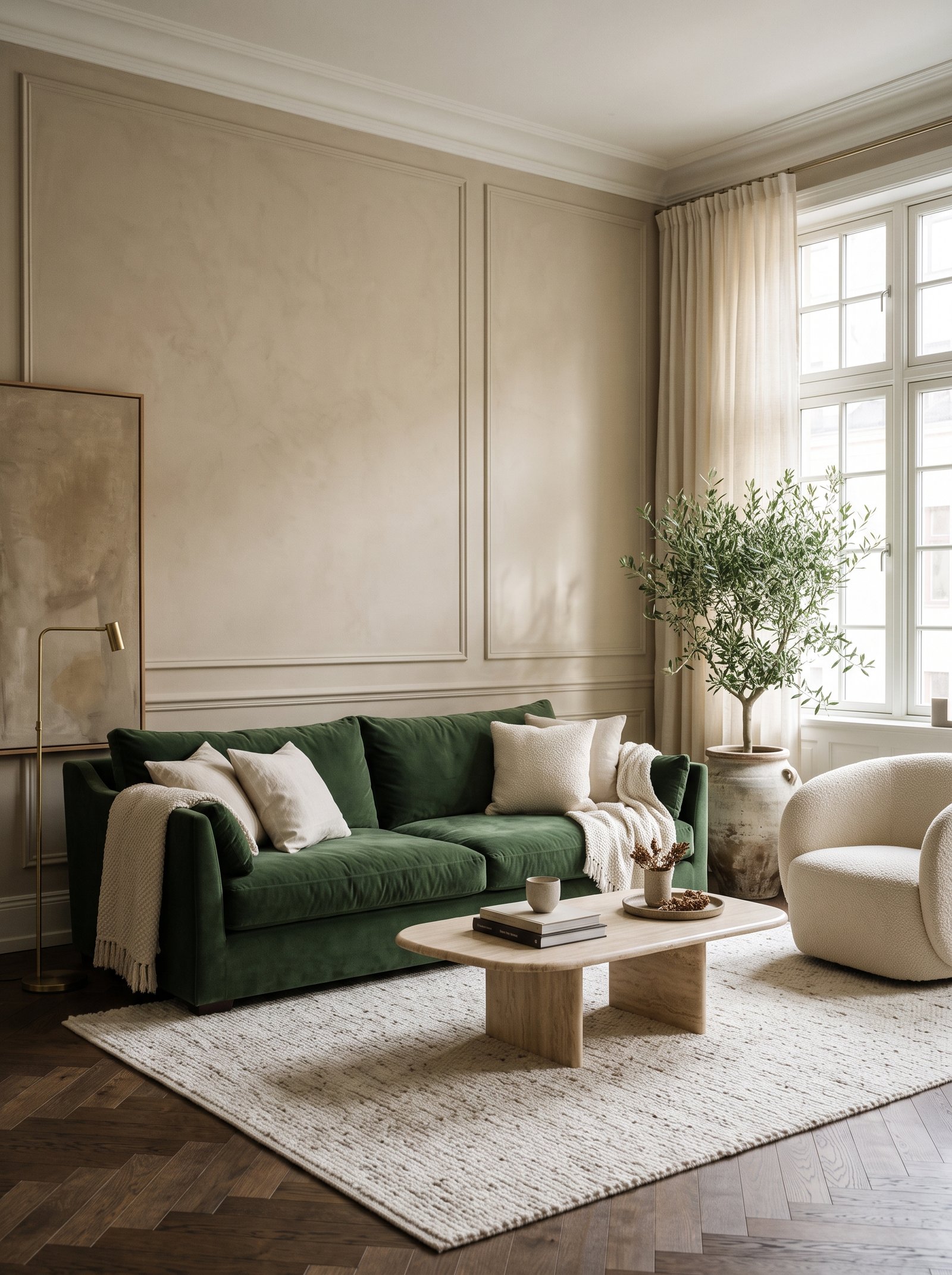Taupe sofa with cream and oatmeal pillows against beige walls creating a layered warm neutral palette