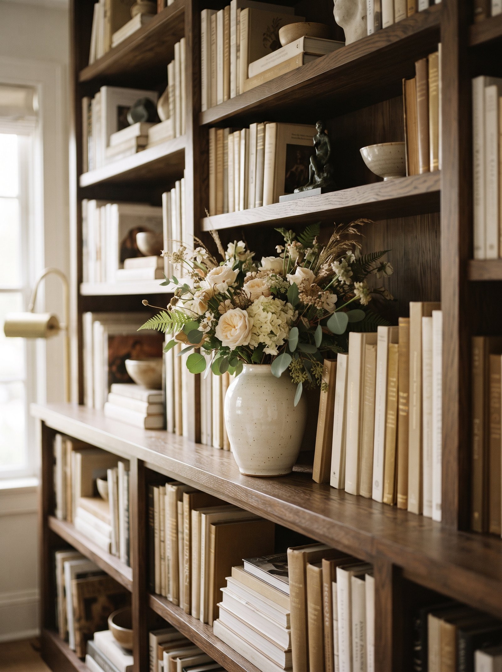 Small round mirror leaned against a shelf back panel reflecting warm room light