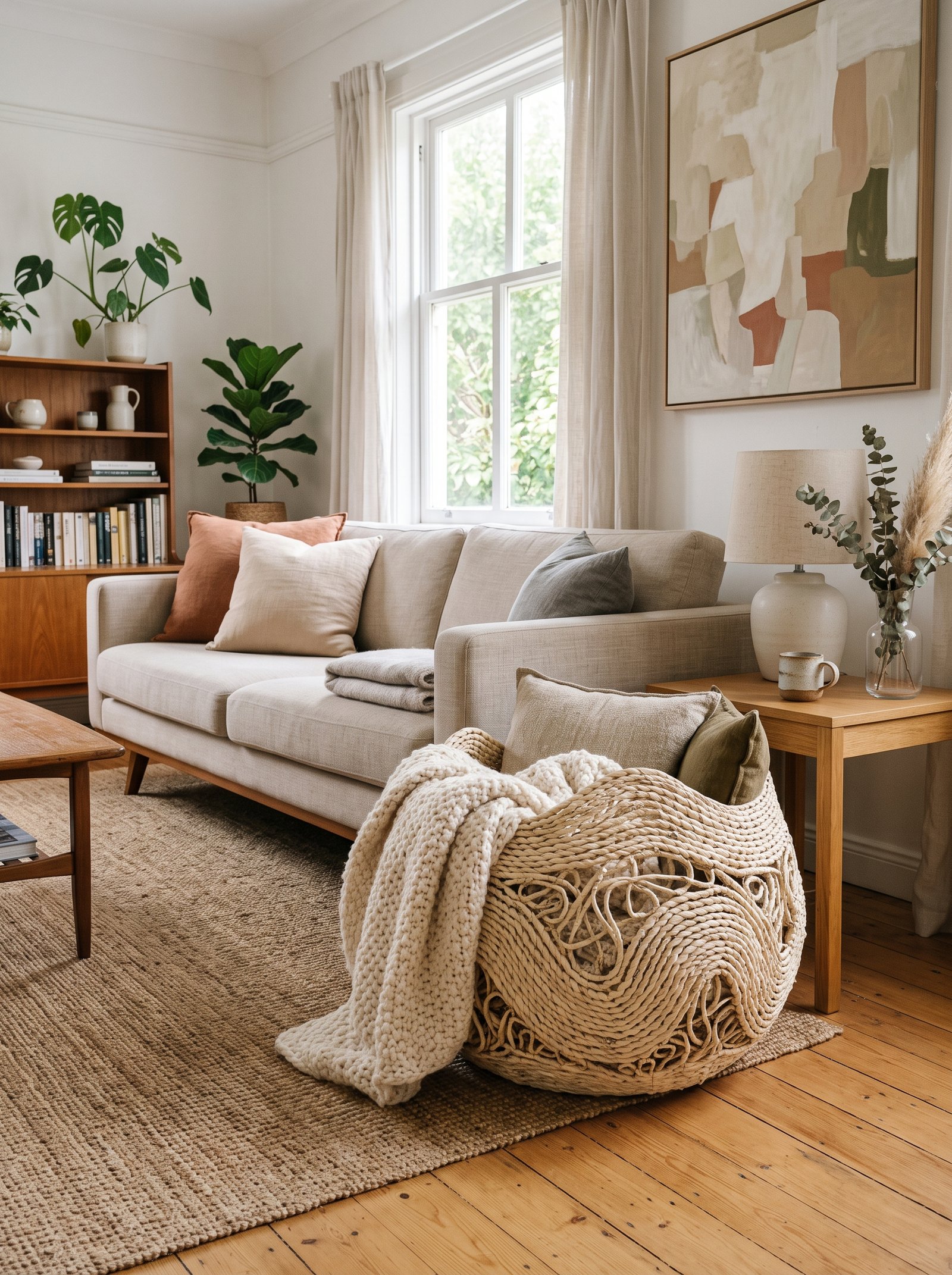 Add a sculptural woven basket for storage