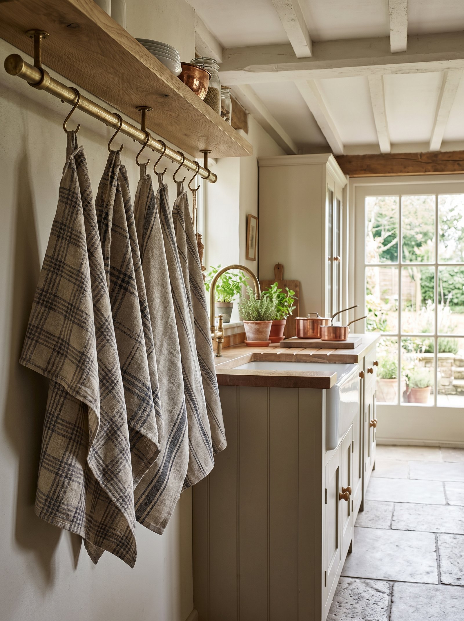 Install a brass rail with hanging tea towels