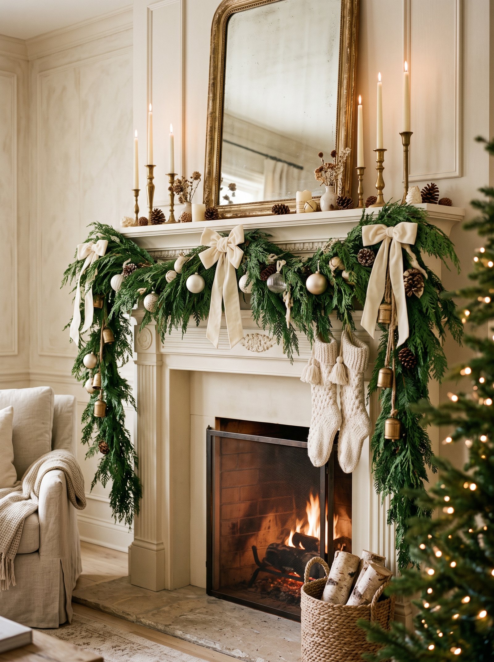 Drape a cedar or pine swag across the mantel