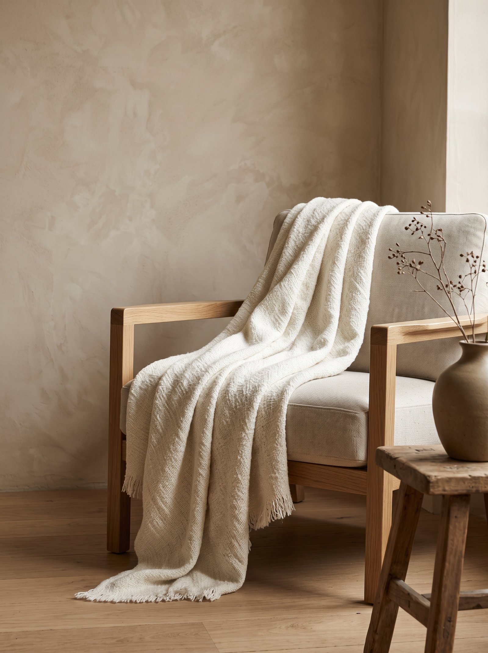 Blush peach throw and ceramic objects in a beige room with warm wood tones and cream linens