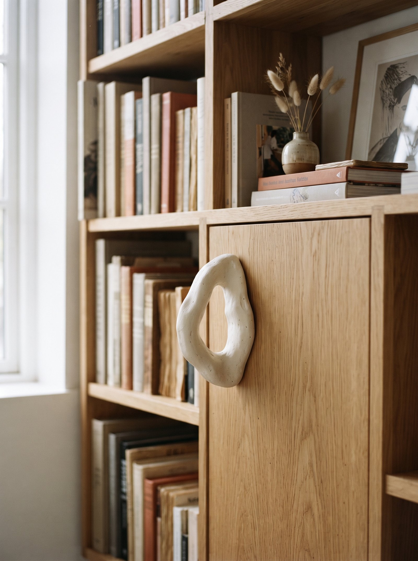Minimally styled top shelf of a bookcase with one tall vase and generous open negative space