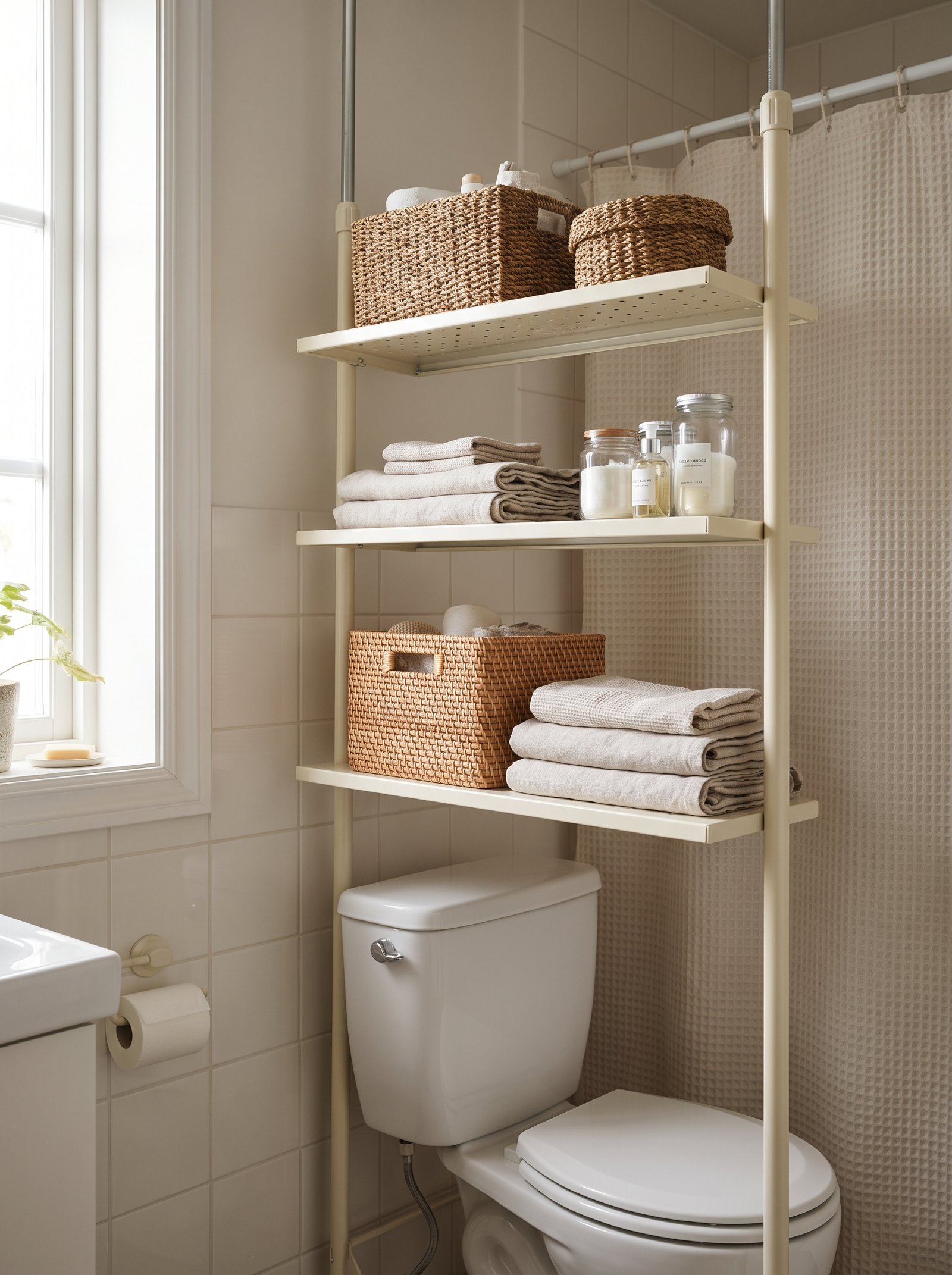 Install a tension-rod shelf over the toilet