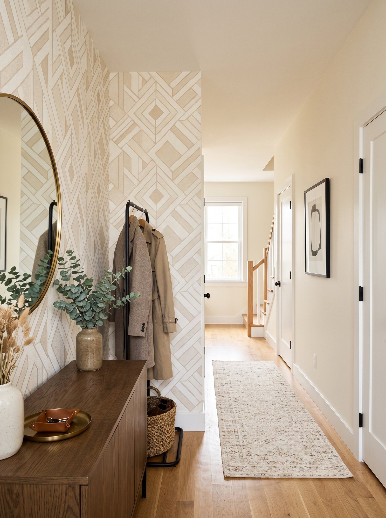 Geometric paper in a hallway