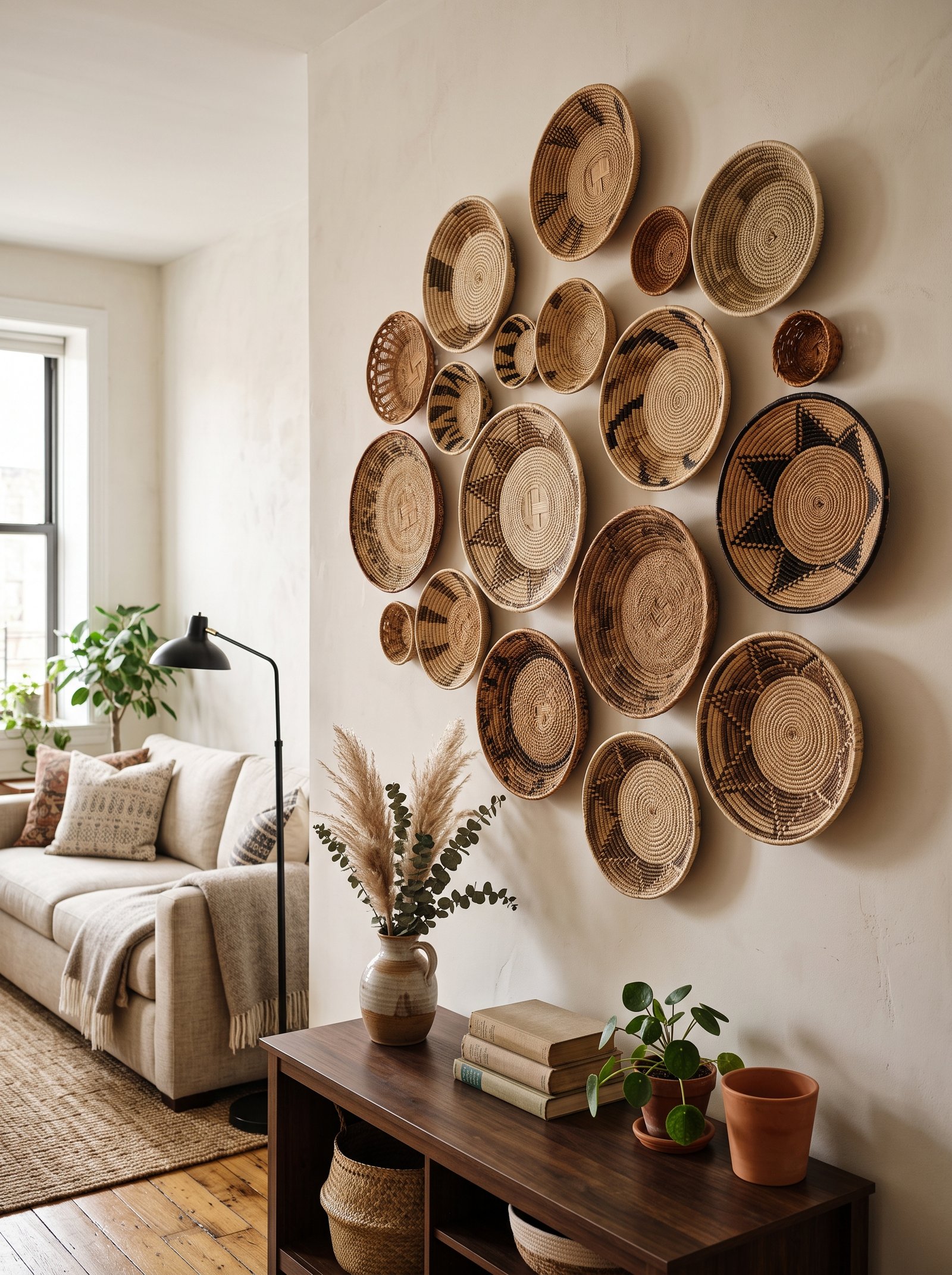 Display textured baskets on the wall