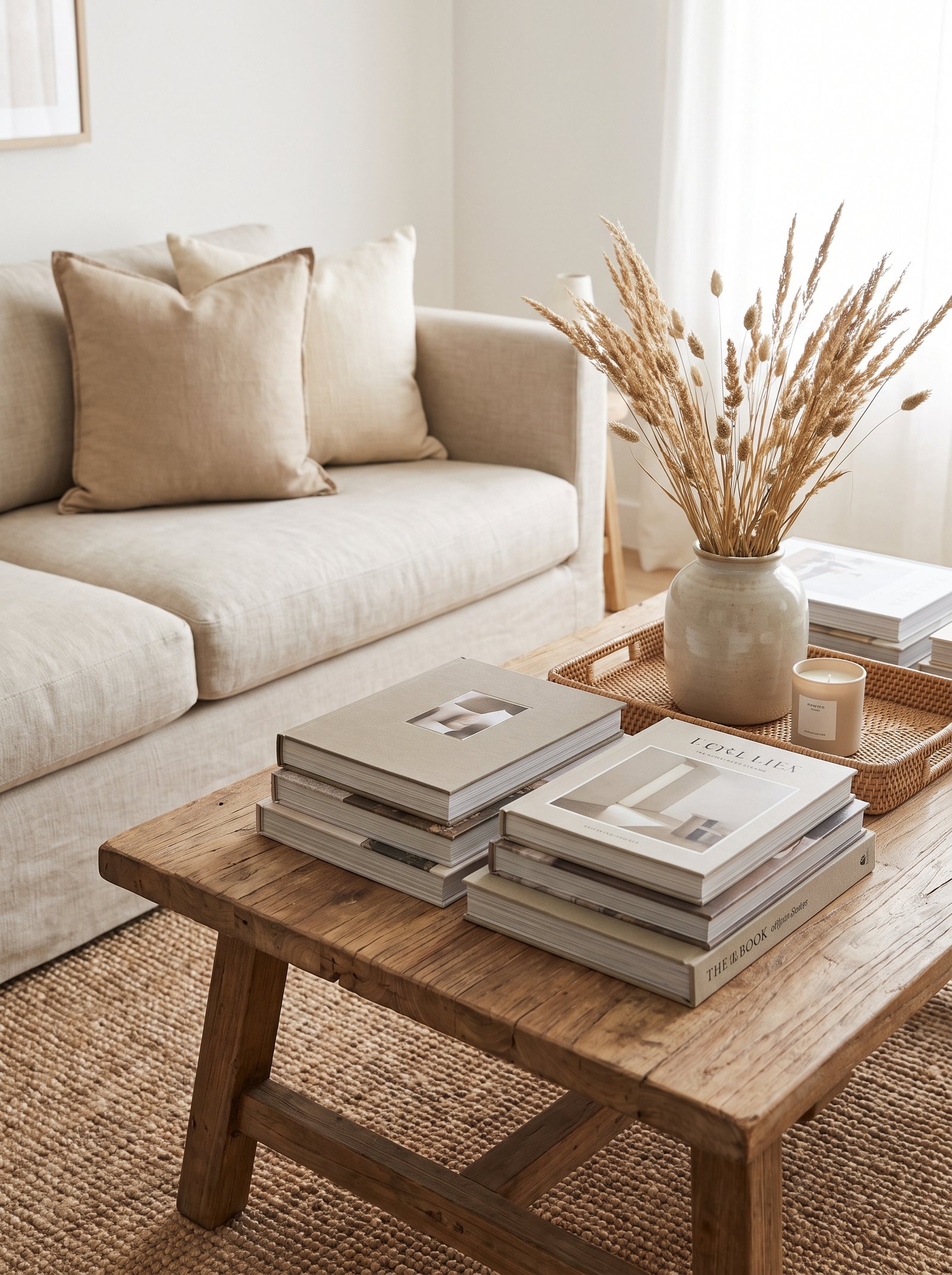 Stack hardcover books on the coffee table