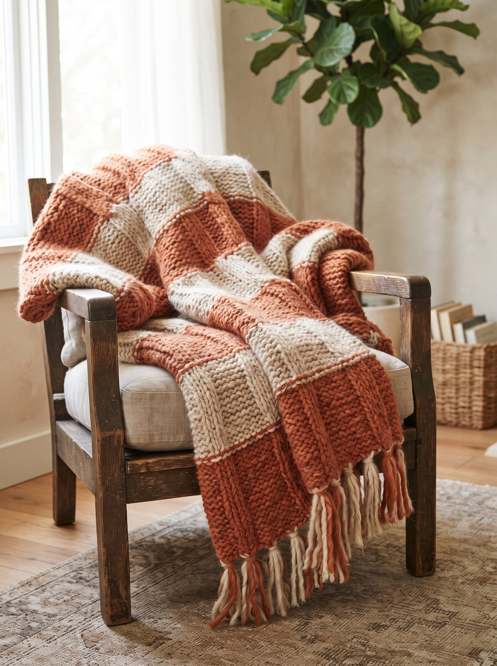 Small terracotta gingham pillow mixed with solid rust and cream pillows on a cream sofa