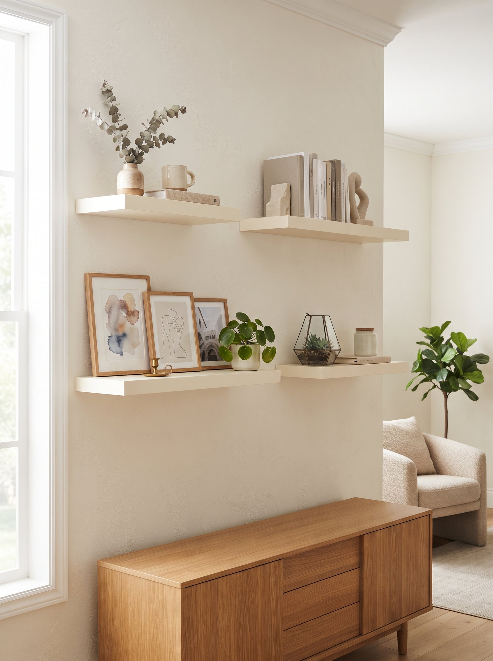 Solid beech GERTON tabletop cut in half and mounted as two long floating shelves on a kitchen wall