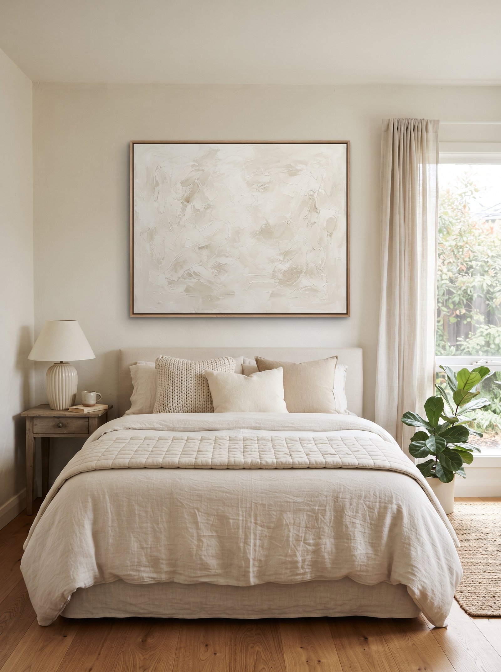 Open wooden shelving mounted on a small bedroom wall holding books and ceramics instead of a closed cabinet