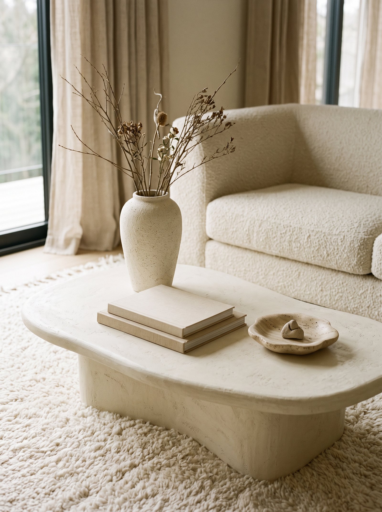 Minimal coffee table with just a tray, a stack of books, and a single plant after being carefully edited