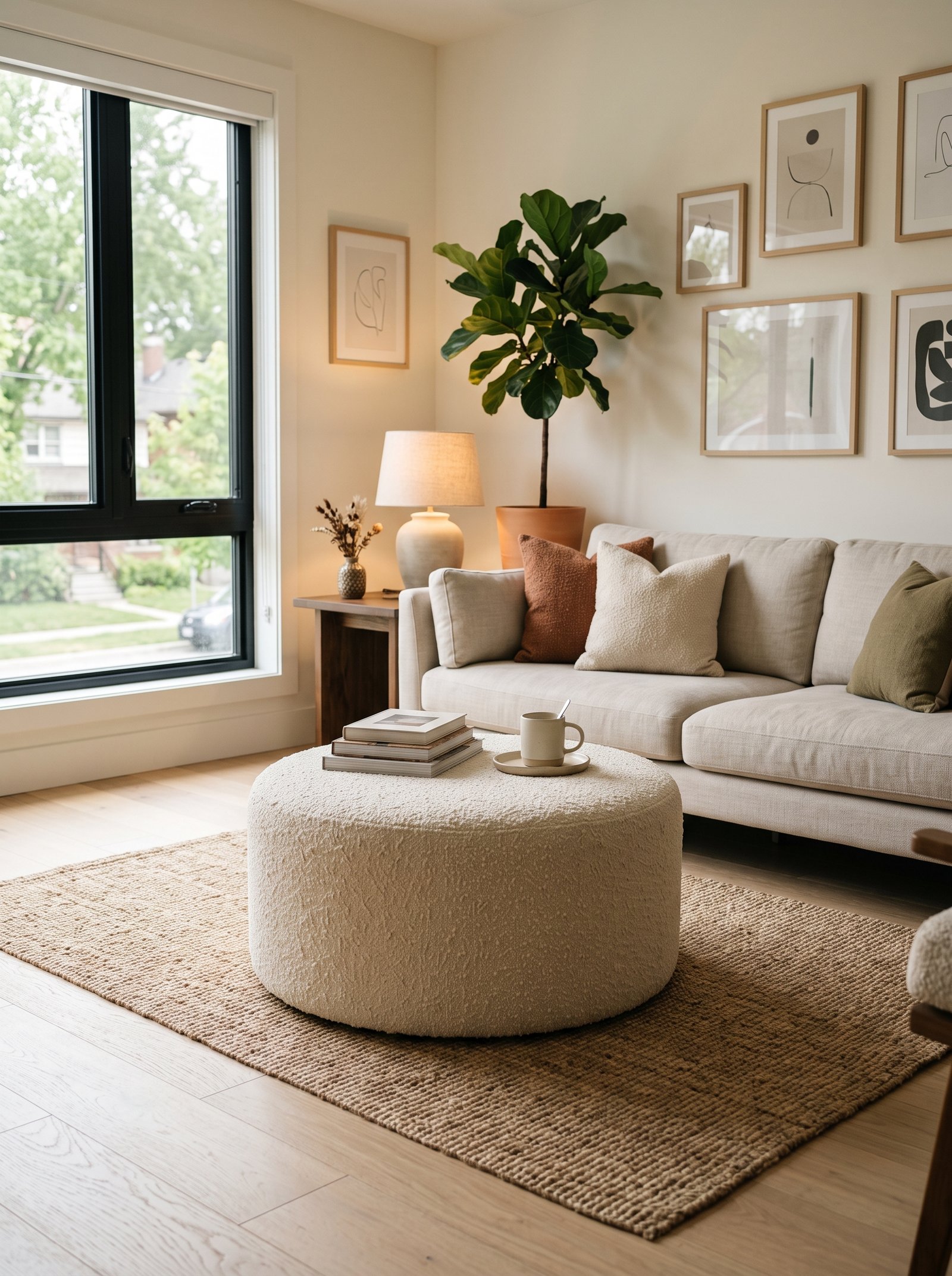 Add a cream boucle ottoman