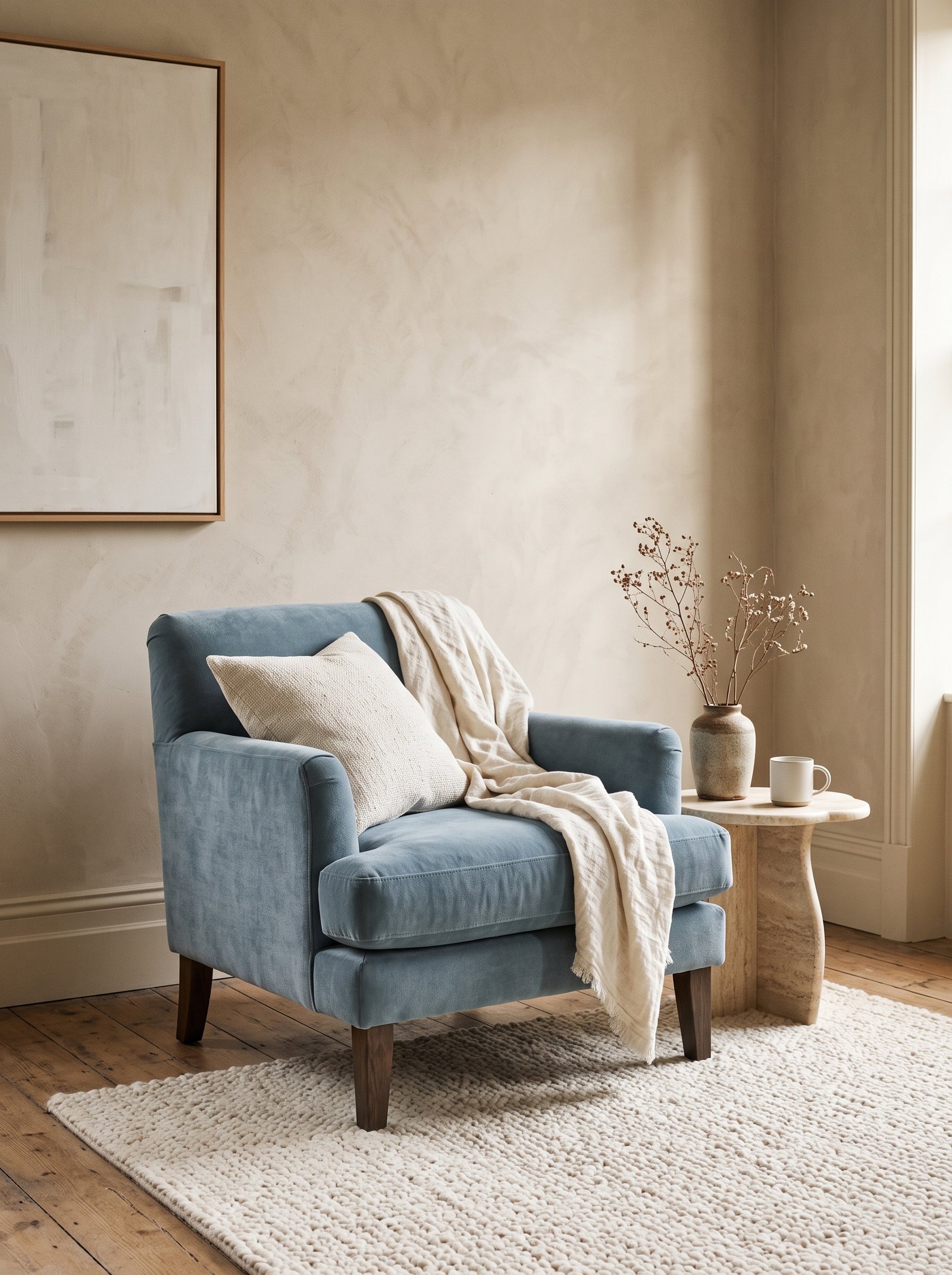 Soft lilac pillows and a small lilac painted accent piece in a beige room with warm wood