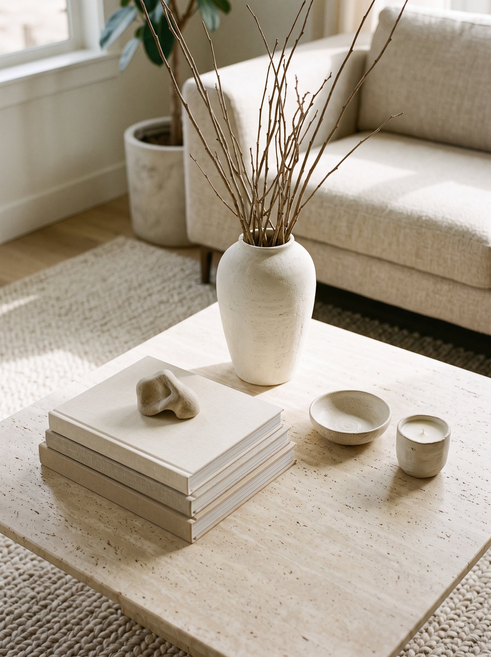 Coffee table styled seasonally with autumn branches, a warm amber candle, and a wool throw folded nearby