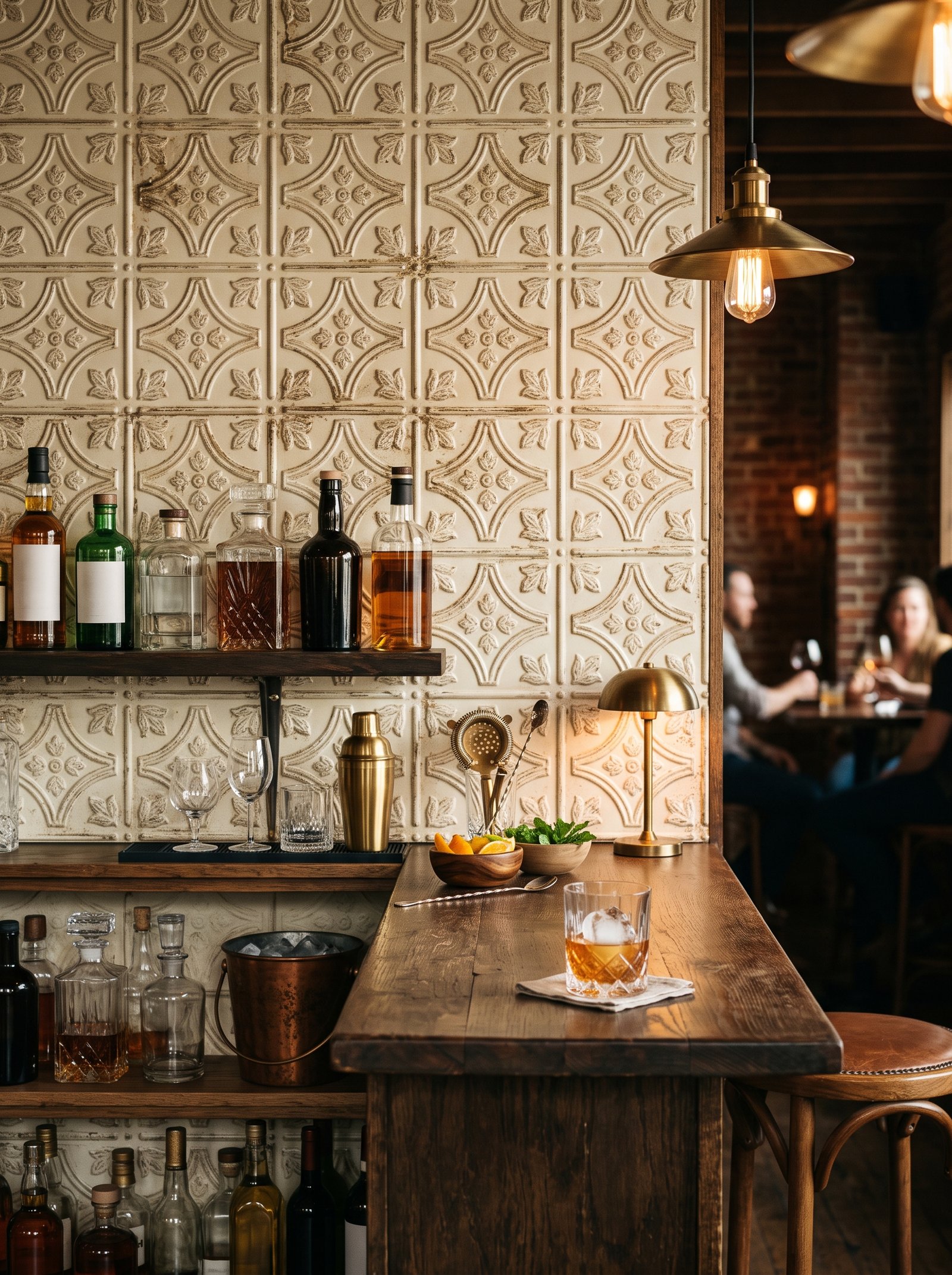 Tin-tile look peel-and-stick in a bar area