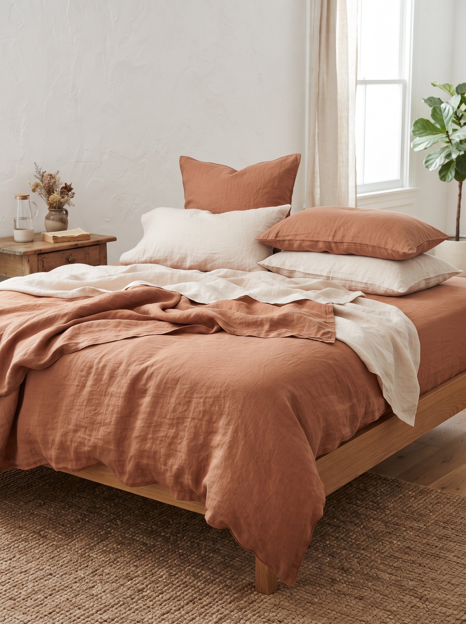 Stack of terracotta stoneware plates layered under cream linens on a dining table